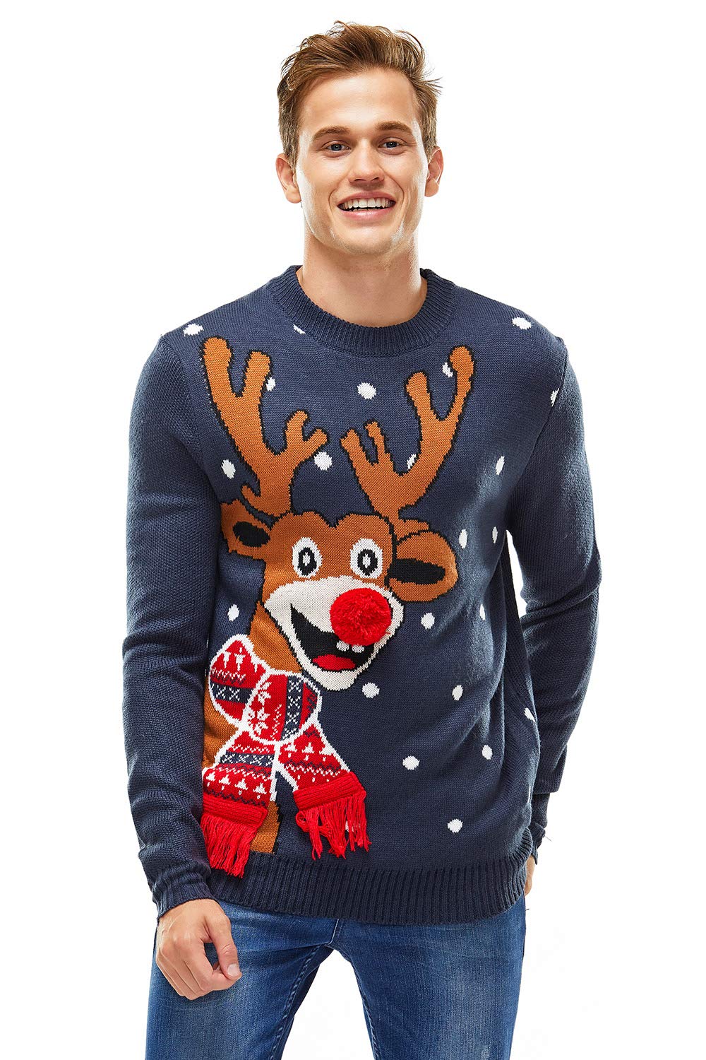 U LOOK UGLY TODAY Men's s Christmas Ugly Jumper Festive Pullover for Party Sweater, Red Nose Roudolph-Blue, 3XL