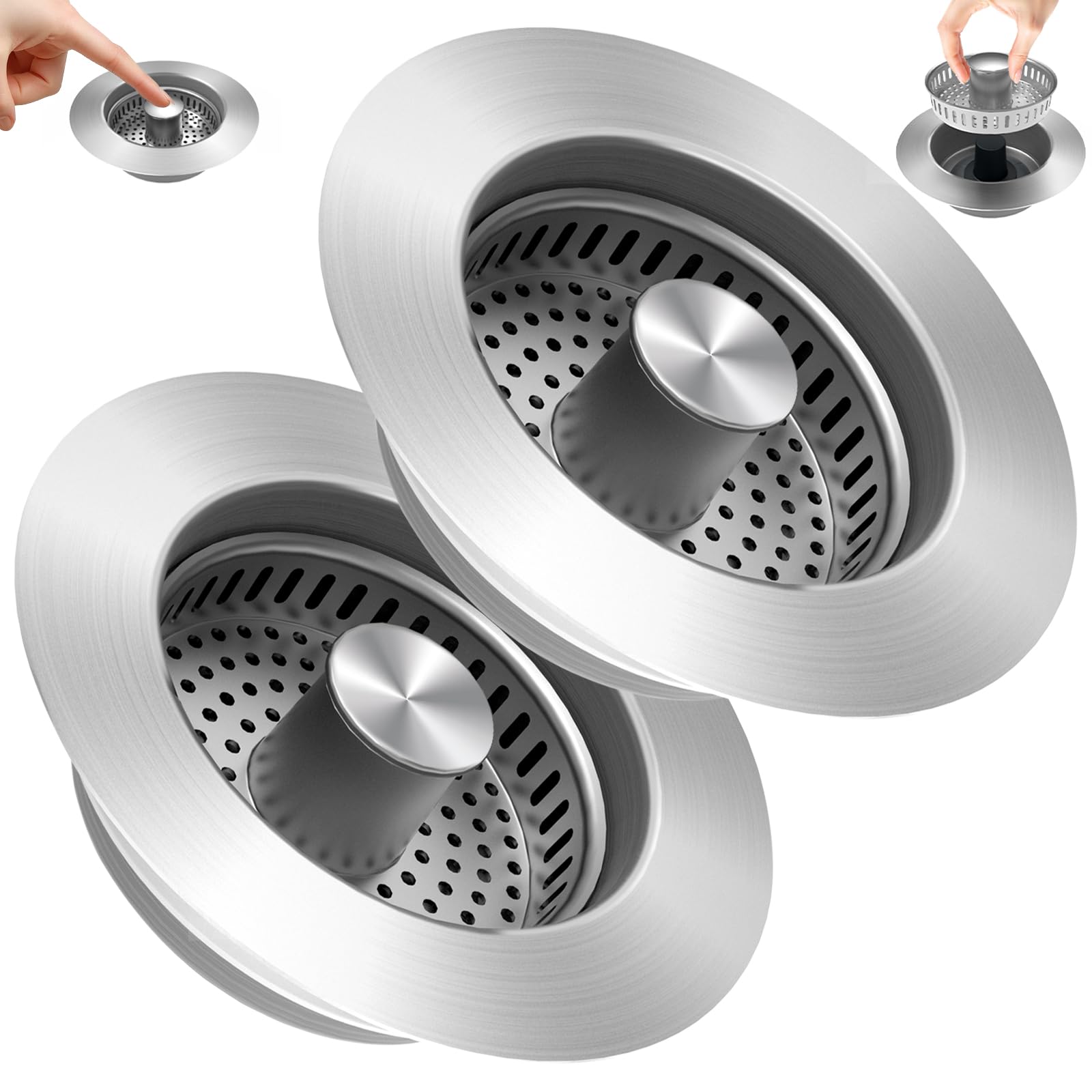 Ulioli 2Pack 3 In 1 Kitchen Sink Drain Strainer Sink Stopper, Stainless Steel Sink Drain Strainer With Anti-Clogging Basket, Kitchen Sink Drain Filter Plug For Us Standard 3-1/2 Inch Drain (2Pack)