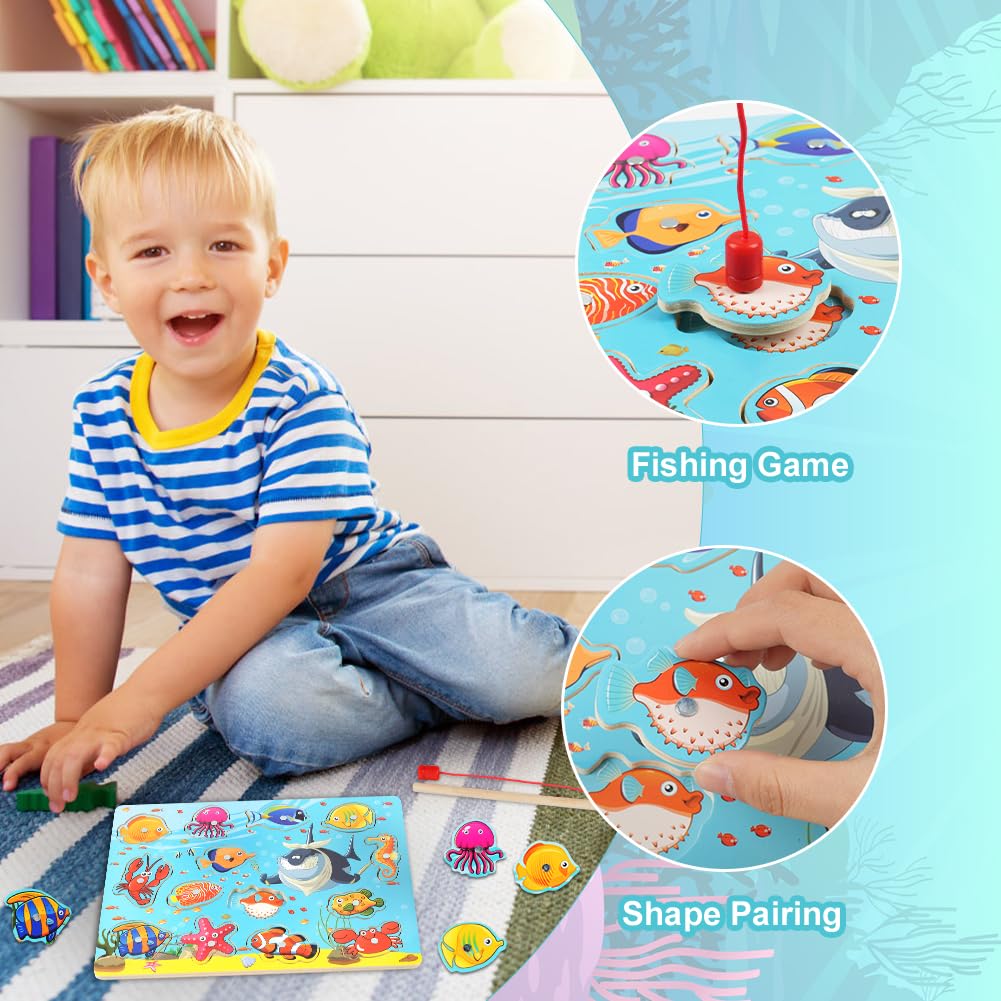 Vicloon Magnetico Giochi di Pesca per Bambini, Giochi Magnetici di Pesca in Legno, Giocattoli di Legno Gioco di Pesca, Giochi Montessori, Educativo Interattivi per Bambini Regalo 3 4 5 Anni(Oceano)