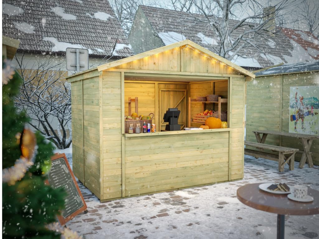Marktstand Holz | Verkaufsstand Holz | imprägniert | 266x175x239 cm | 4,7m² | mit Boden | Dach | Wandstärke 16mm | Dach 15mm | Kiefernholz | Markt | Weihnachtsmarkt | Wochenmarkt | Festival