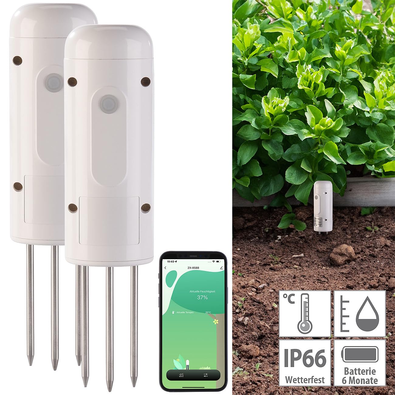 Luminea Home Control Feuchtigkeitssensor Erde: 2er-Set smarte ZigBee-Boden-Feuchtigkeits- & Temperatursensoren (Boden Feuchtigkeitsmesser Smart, ZigBee-Temperatursensoren Outdoor, Erdspiess)