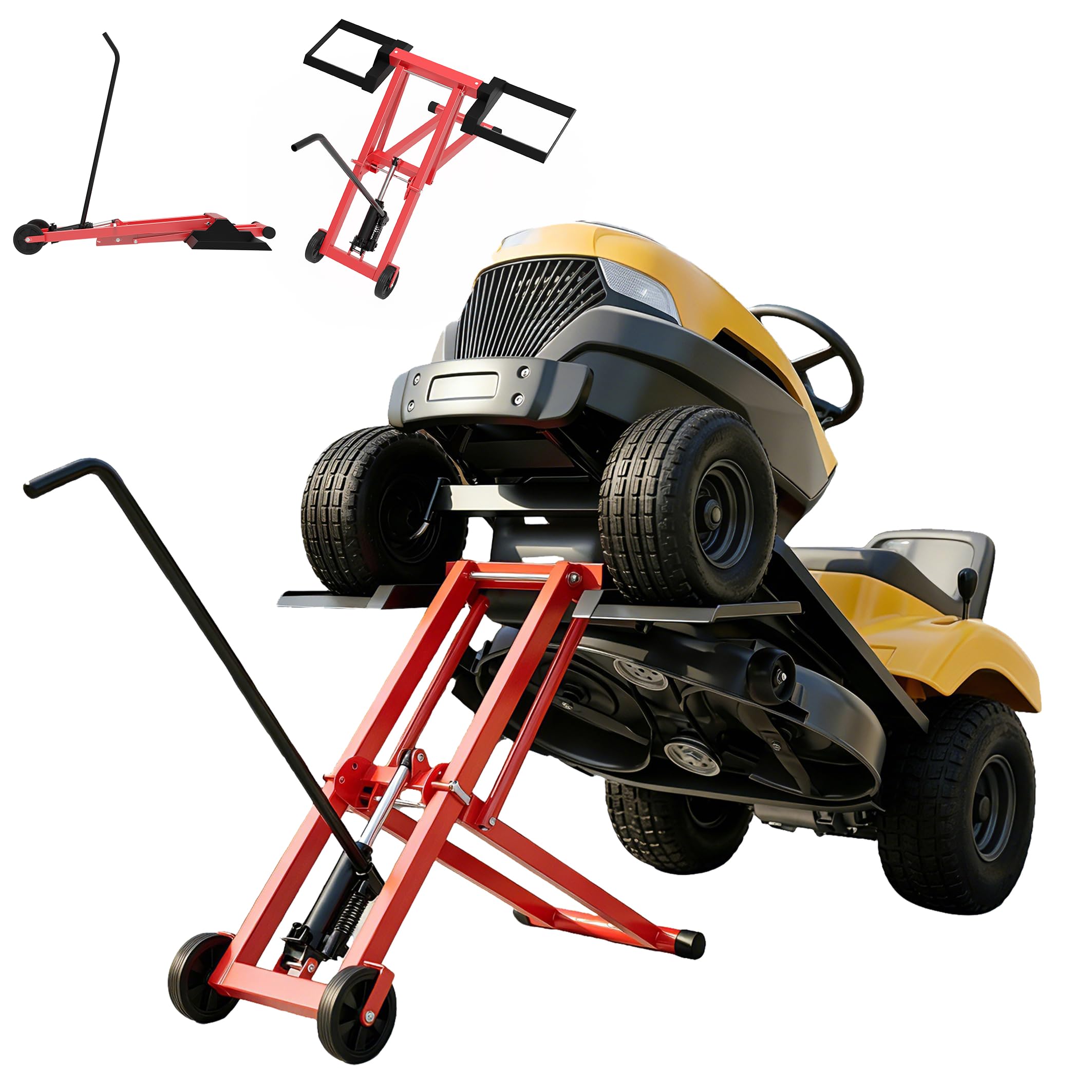 XMTECH Hydraulischer Rasentraktor Heber 227 kg – Rasenmäher Traktor Hebebühne für Aufsitzmäher & ATV, 3-fach höhenverstellbar bis 65,5 cm, klappbar, Rasentraktor Zubehör Hebevorrichtung