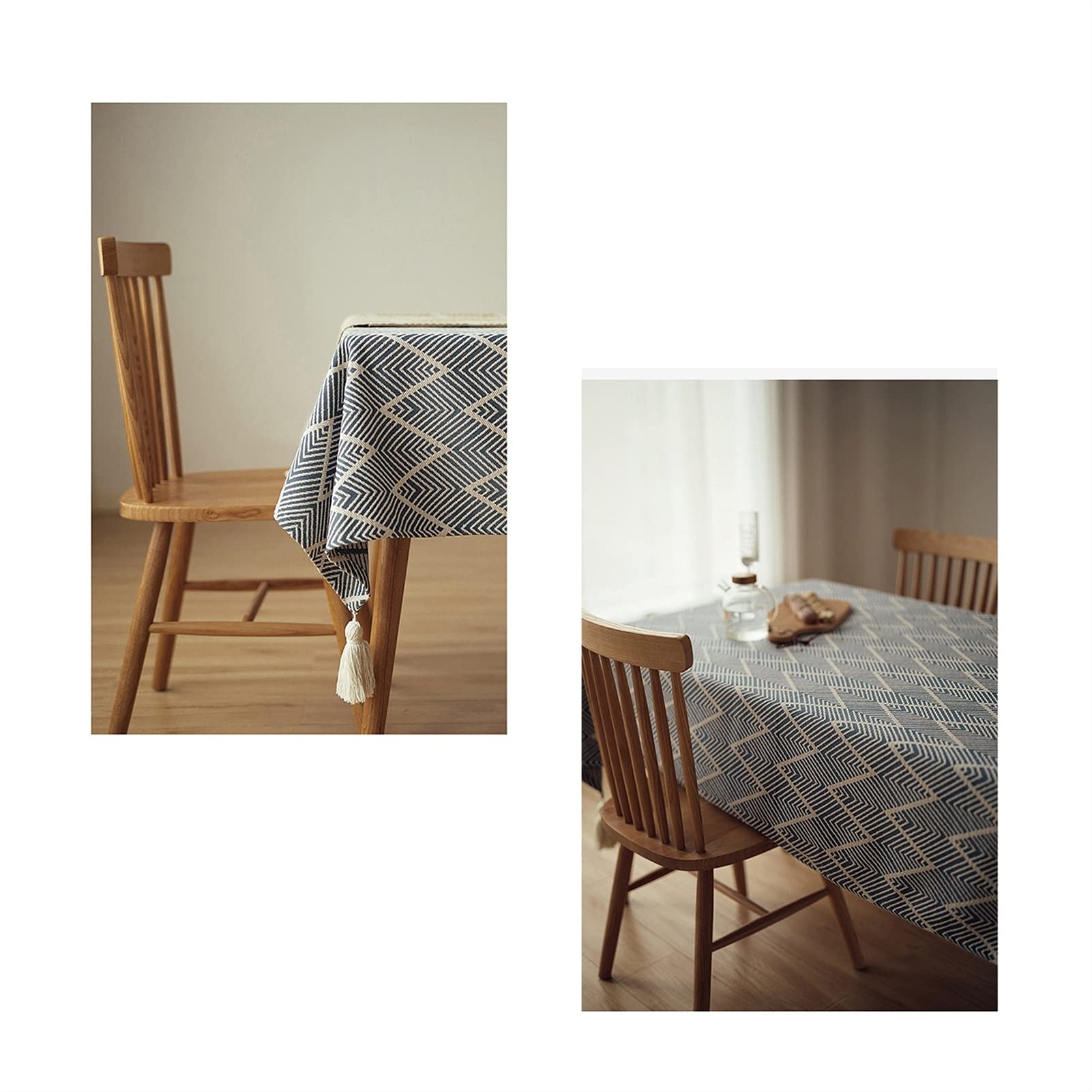Granatowy prostokątny obrus bawełniany i lniany obrus na stół do jadalni z frędzlami, do kuchni, jadalni i na imprezy, 140 x 220 cm, elegancka dekoracja stołu