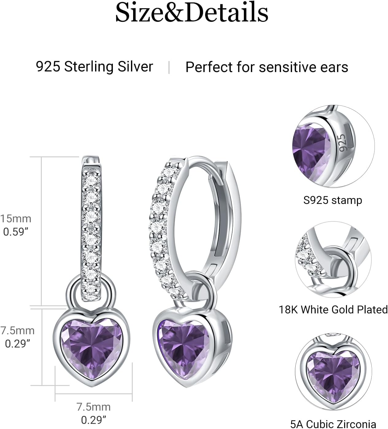 Birthstone Heart Earrings 925 Sterling Silver Huggie Hoop Earrings with Heart CZ Hypoallergenic Jewelry Anniversary Birthday Gifts for Her Women Mom Wife