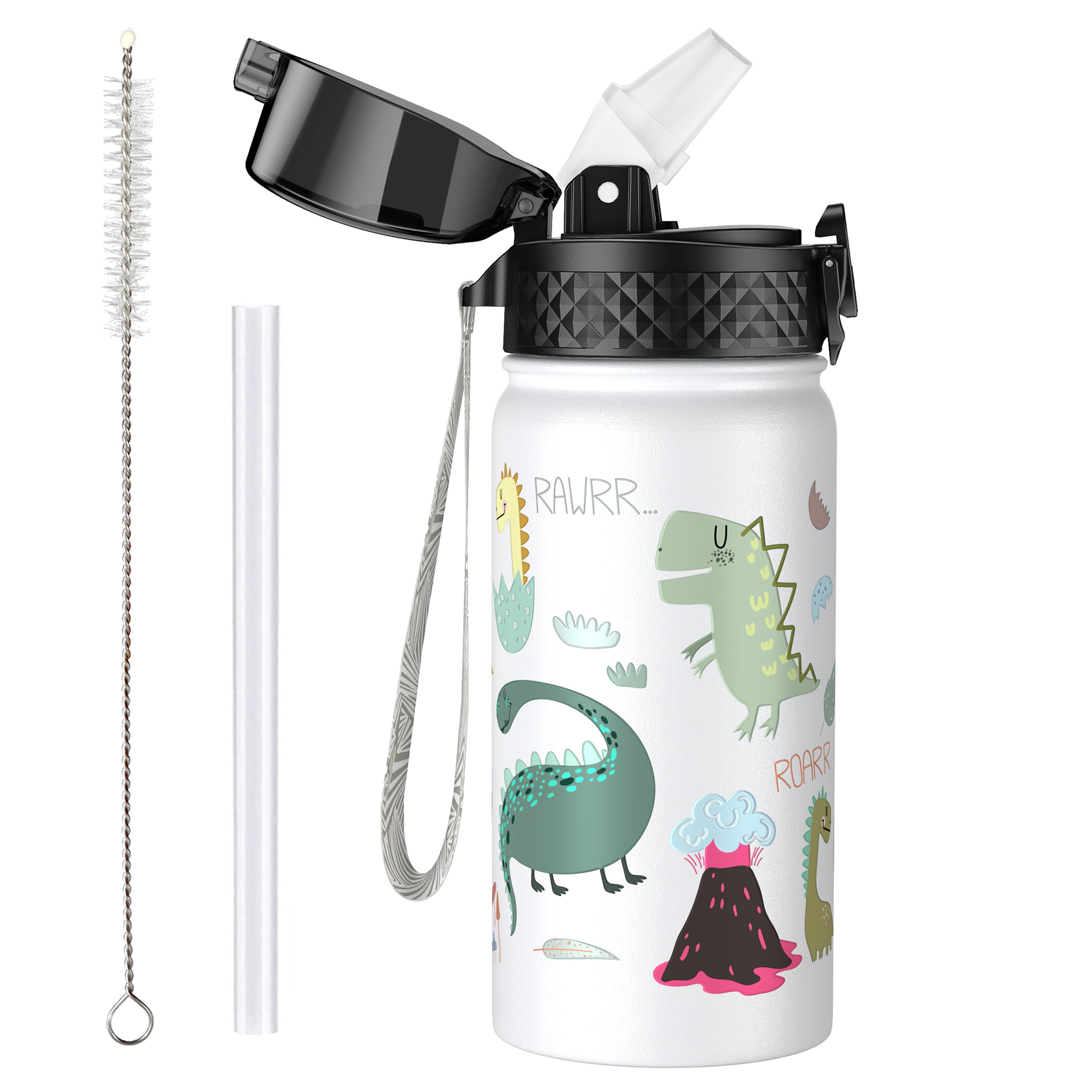 OLDLEY 420ml/14oz Kids Stainless Steel Water Bottle with Straw for School Insulated Metal Water Bottles Leakproof Reusable Double Wall Vacuum Small Flask Keep Hot Cold for Boys Girls (White Dinosaur)