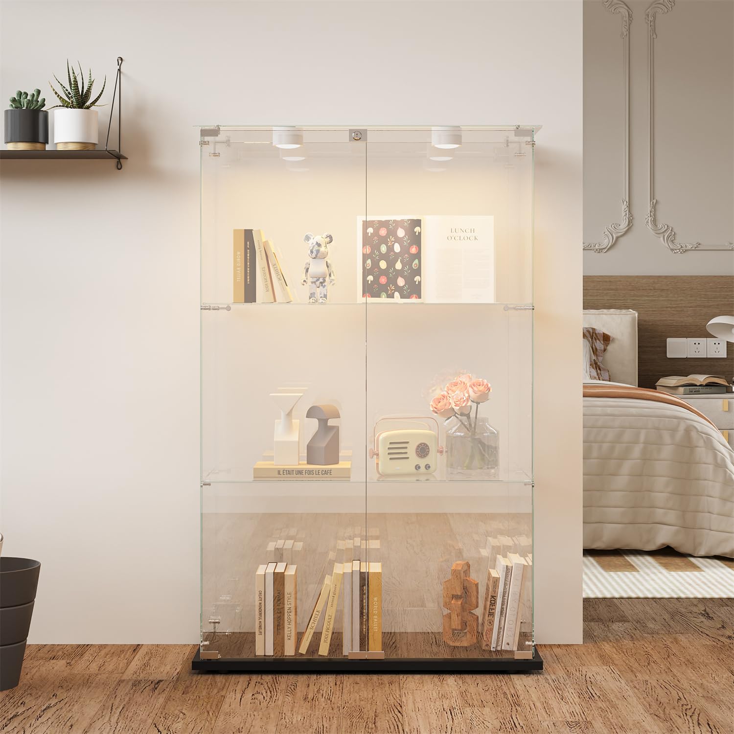 Vitrina de cristal con LED, vitrina expositora con 3 estantes de cristal, vitrina de salón moderna con 2 puertas y cerradura, vitrina expositora para coleccionismo (negro, 3 Etagen 2 Tür+LED-A)