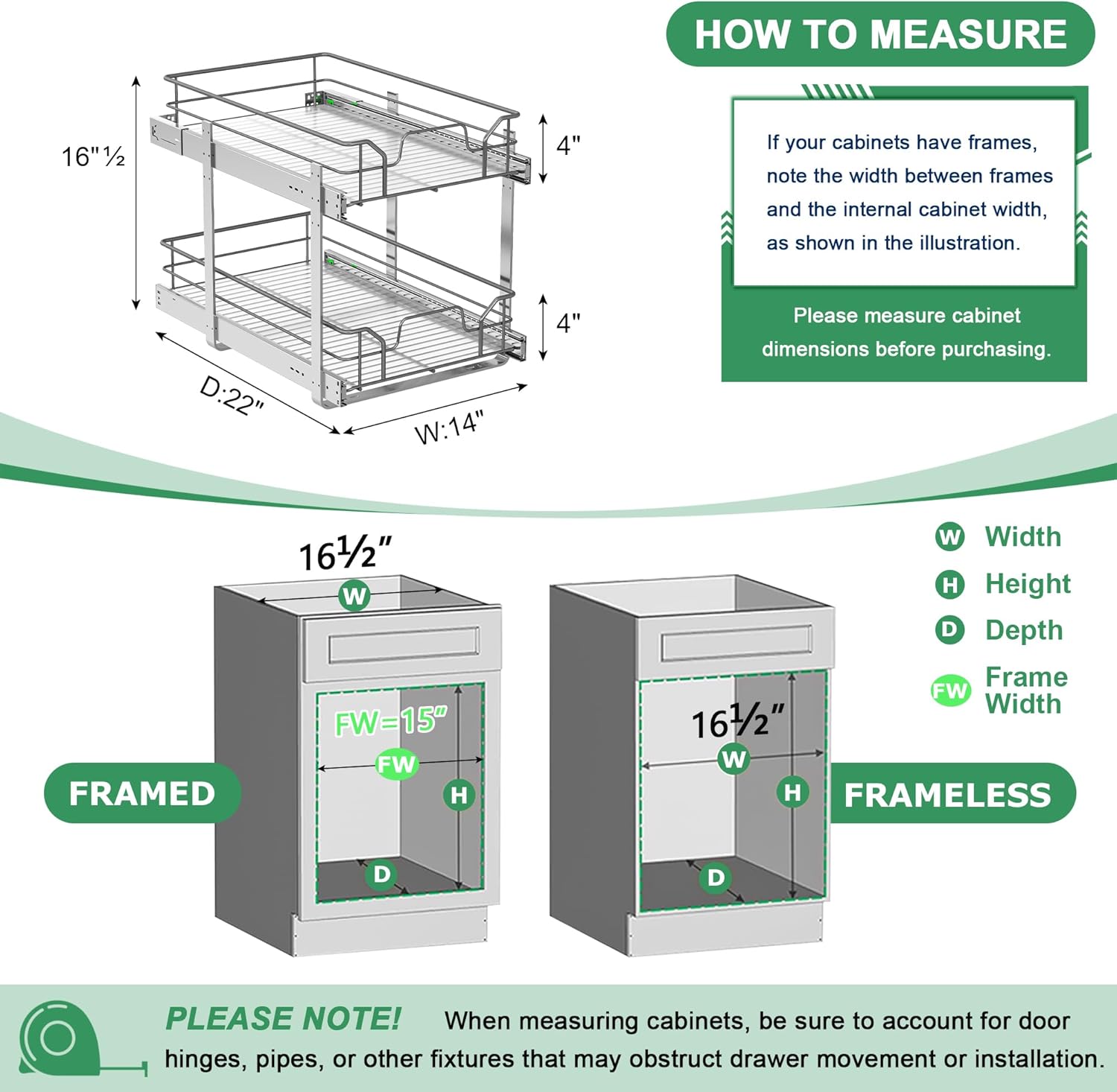 2-Tier Pull Out Cabinet Organizer (14" W x 22" D), Soft Close Cabinet Slide Out Shelves, Heavy Duty Slide Out Drawers with Shelf Liner for Kitchen Cabinets, Pantry Storage, Bathroom
