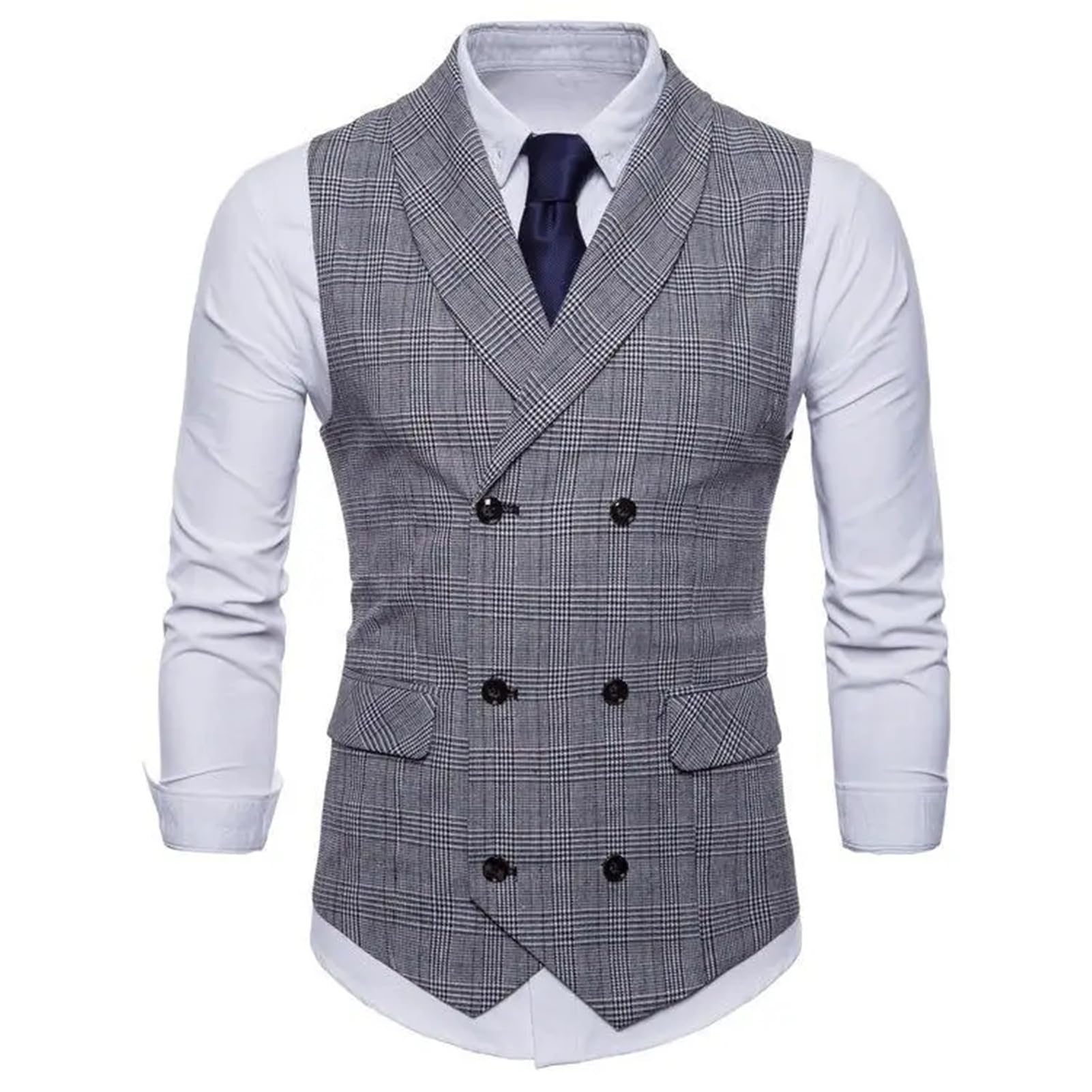 Uomo Business Plaid Suit Vest Collar Slim-Fit Doppio Petto Orlo Dritto Casual Partito Gilet Per Gli Uomini