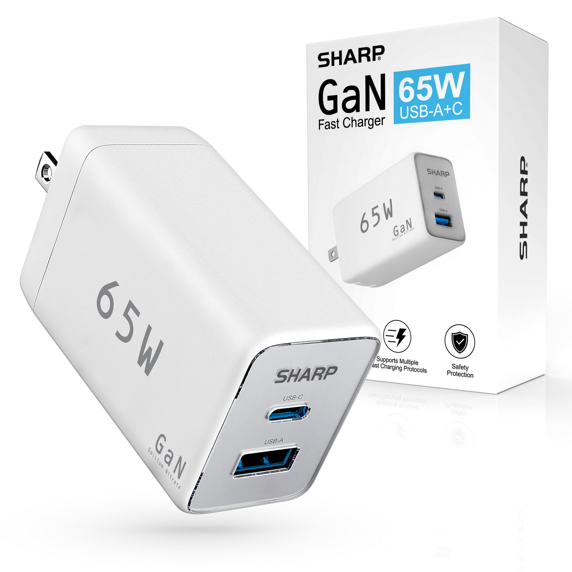 Sharp USB C Charger, 65W, 2 Port (USB A+C), Compact Foldable GaN Fast Charge for MacBook Pro/Air, iPad Pro, Galaxy S23, Dell XPS 13, Note 20/10+,