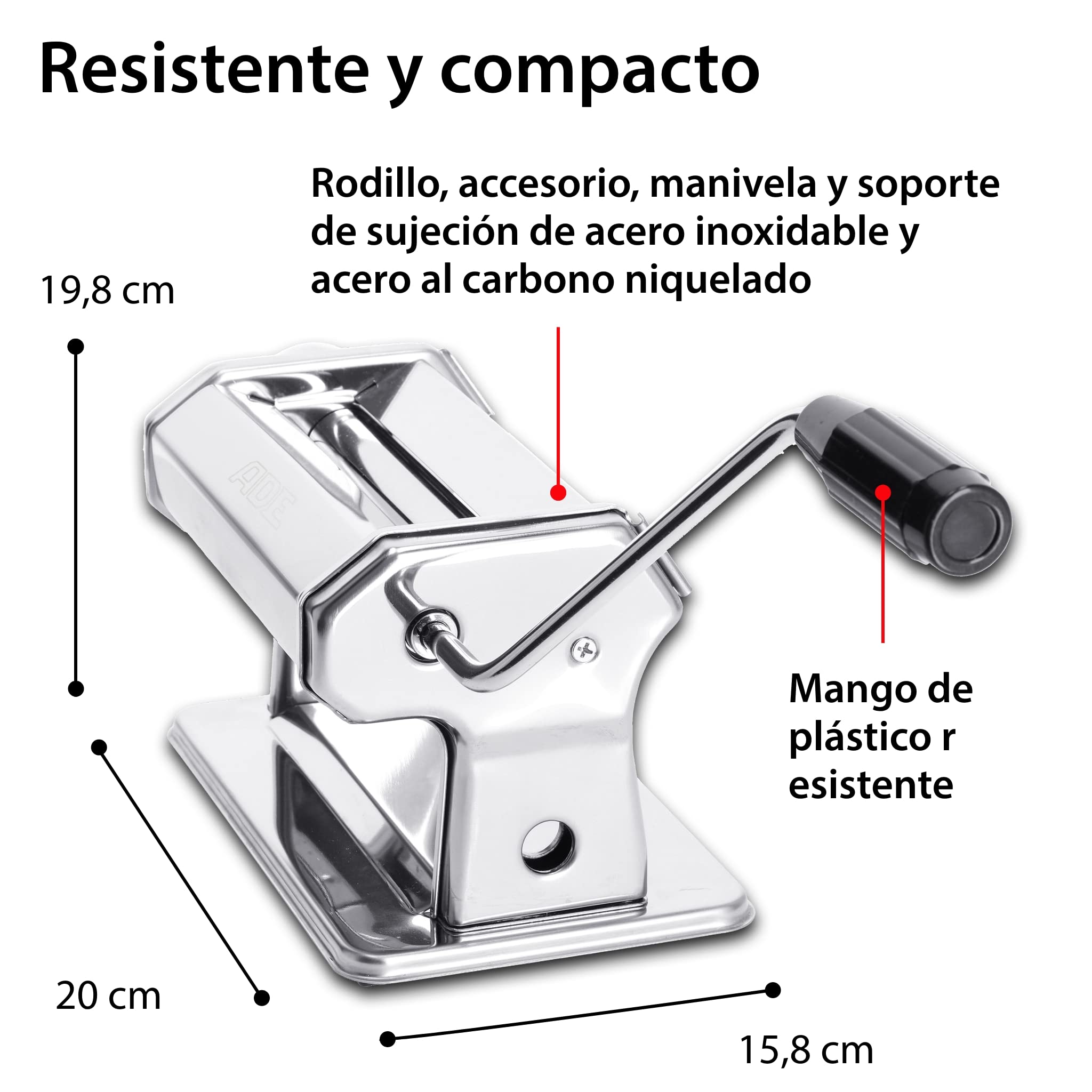 ADE Máquina para hacer pasta fresca | 7 espesores de masa para lasaña espaguetis fettucine | con extras: secador de pasta y cepillo de limpieza | pastamaker de acero inoxidable