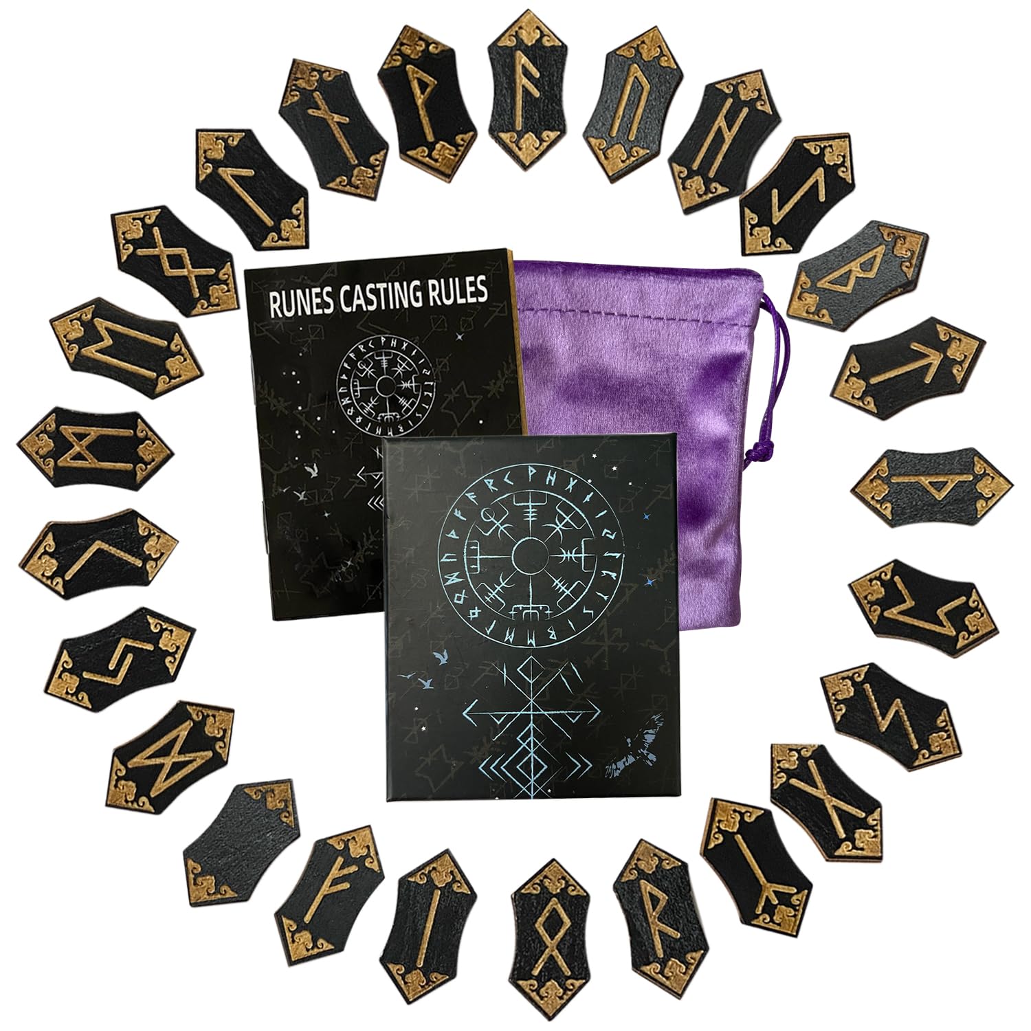 Runenset, 25 Stück hölzerne Wikinger-Runen, Runenstein-Set mit Begleitbuch, Samtbeutel, nordische Runen für Anfänger, Hexerei/Wahrsagerei/Meditation/Spiritualität