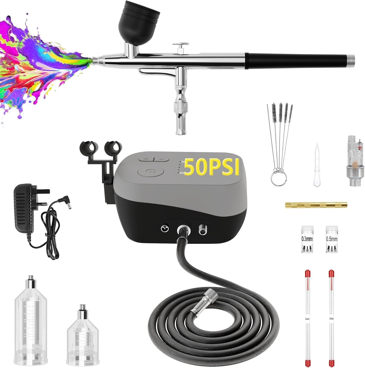 Kit de aerógrafo con compresor de aire, cepillo de aire de doble acción y doble flujo de aire de 50 PSI con boquilla de 0.2/0.3/0.5 mm, juego de pistola de aerógrafo para uñas, pintura, modelado