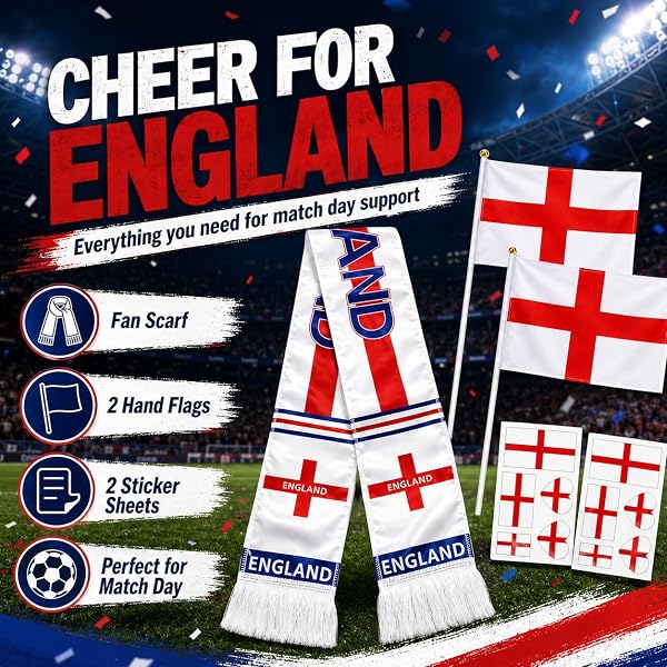 England Fan 5-Piece Set Scarf Flags Tattoos, World Cup 2026 Merchandise, Perfect to Match Your England Football Shirt for Men Women Boys Girls Pub Stadium - 3