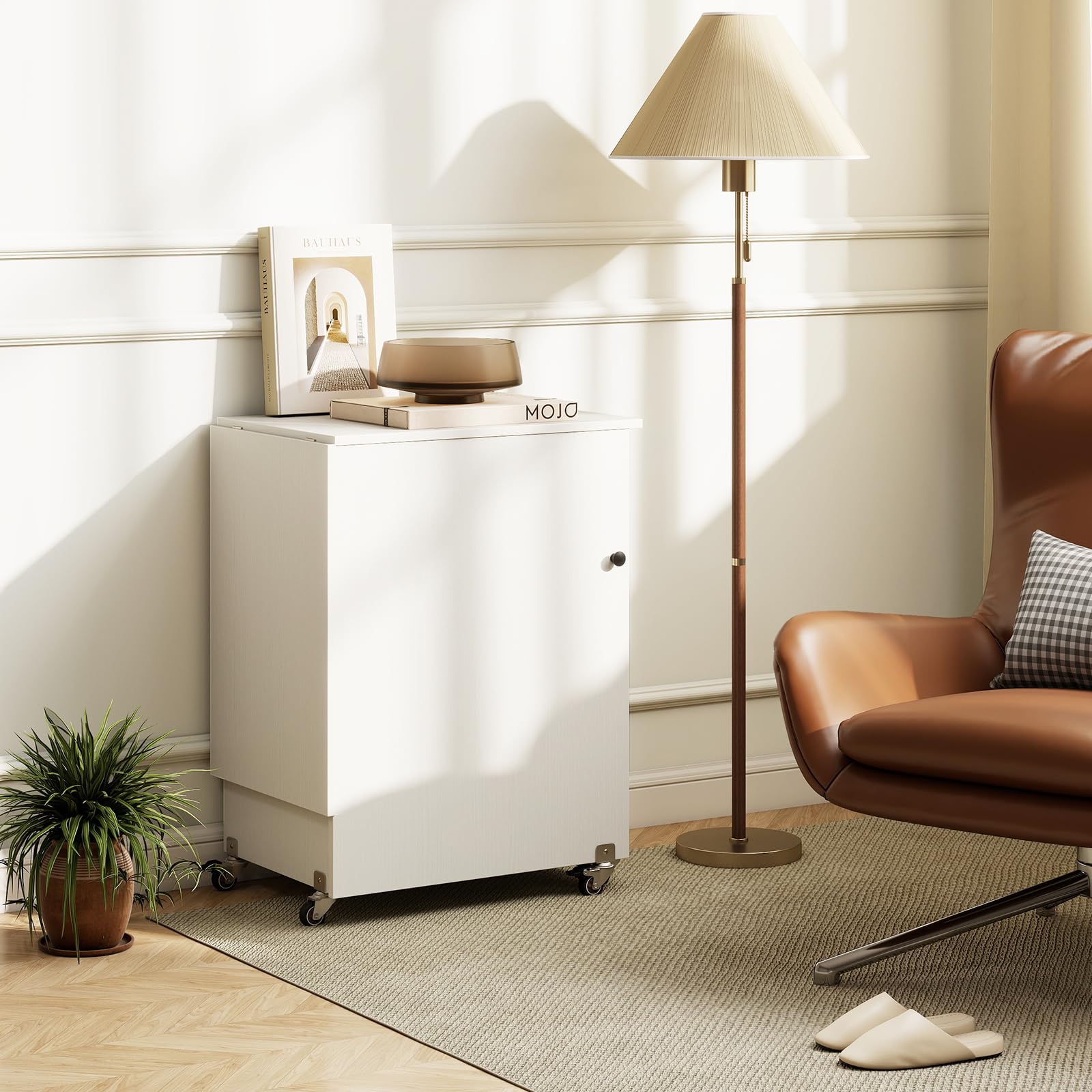 COSTWAY Mesa de Costura Plegable con Estación de Carga, con Estantes y Contenedores, Gabinete de Almacenamiento Rodante Multifuncional con Ruedas Bloqueables para Hogar, Dormitorio (Blanco)