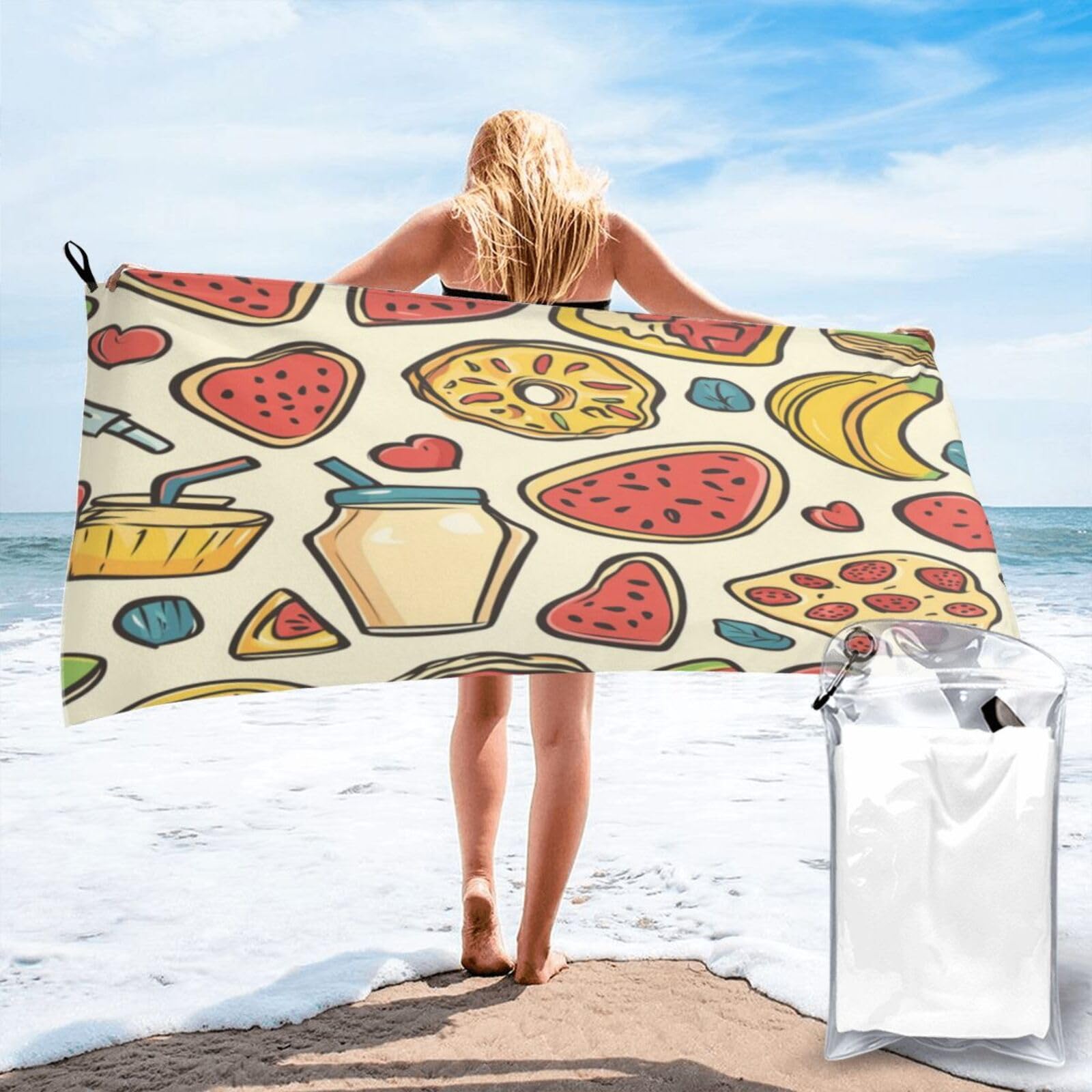 Anceky Colorful Fruit and Snack Pattern Quick Dry Microfiber Travel Towel with Carry Case and Carabiner 27.5"X55"