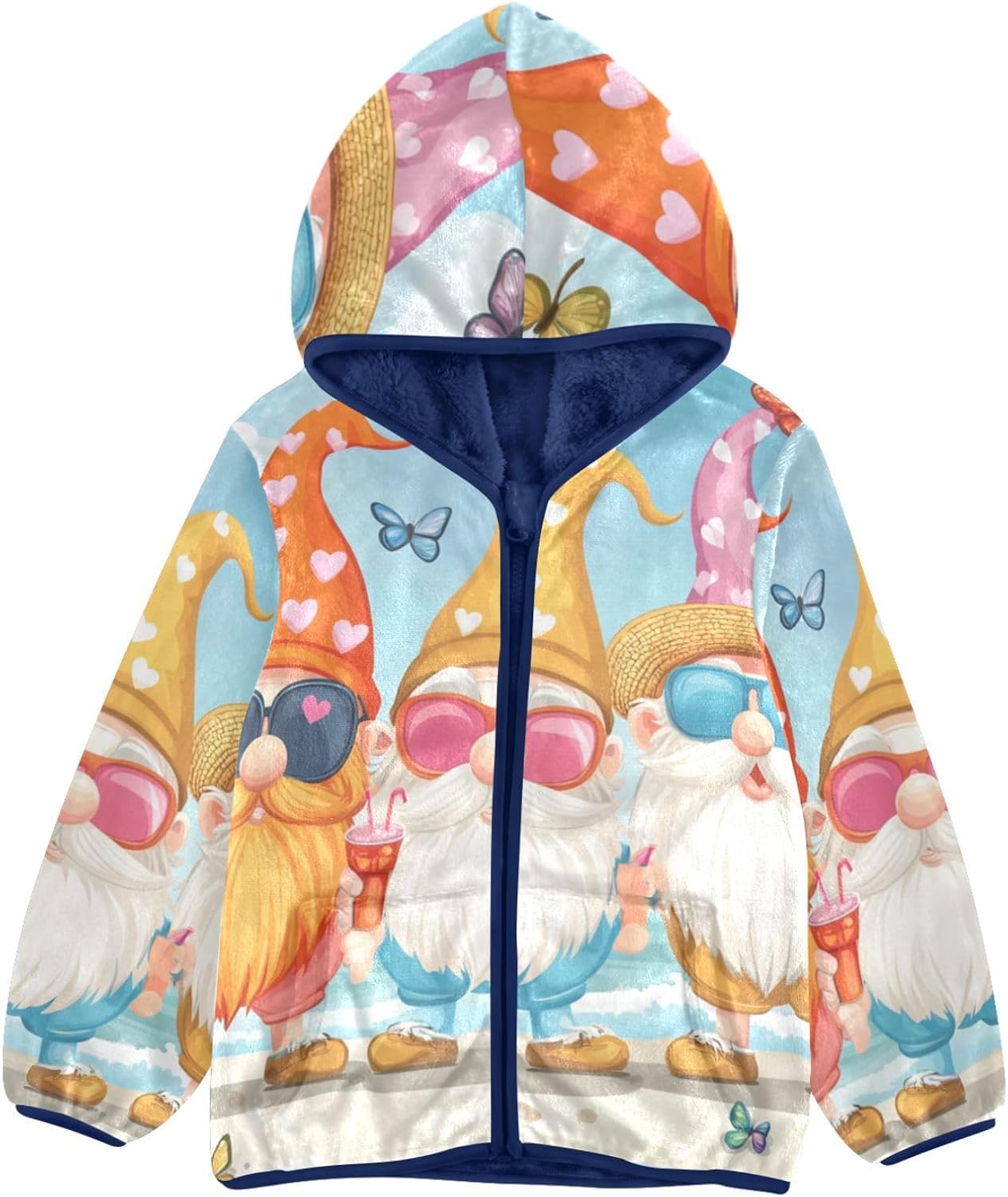 Summer Beach Gnome Toddler Fleece Zip Up Outerwear Jackets Navy Blue Baby Boy Zipper Hoodie 3T