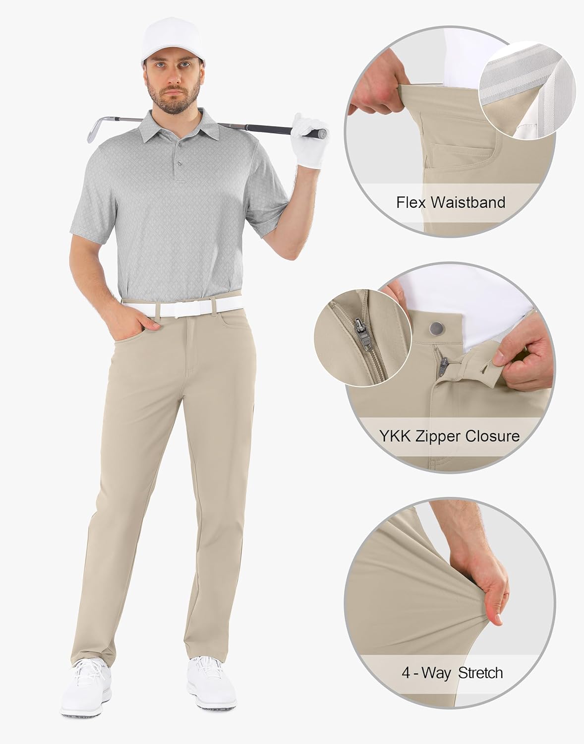 Mens Golf Pants Stretch 5 Pocket Classic Fit 30"/32"/34" Quick Dry Water-Resistant Dress Casual Work Trousers
