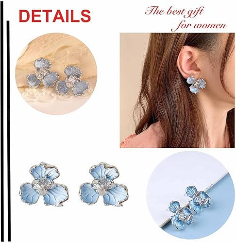 YienDoo Unique Blue Flower Earrings Studs Vintage Floral Petal Earrings Statement French Blue Iris Flower Earrings Studs Bridal Wedding Prom Earrings Jewelry for Women(Blue)