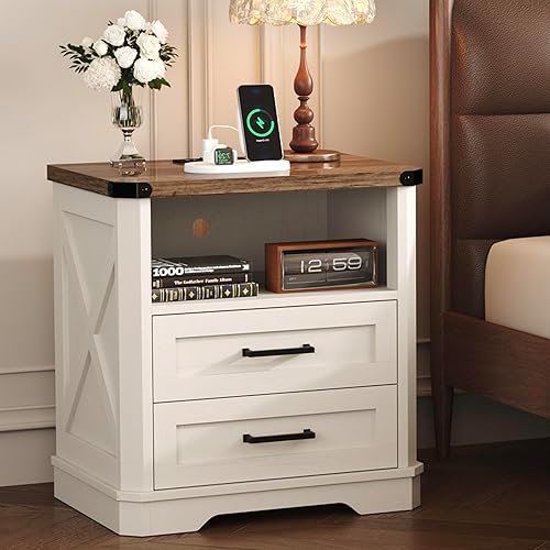 23.62” Tall Farmhouse Nightstand, Rustic Wooden Night Stand with Charging