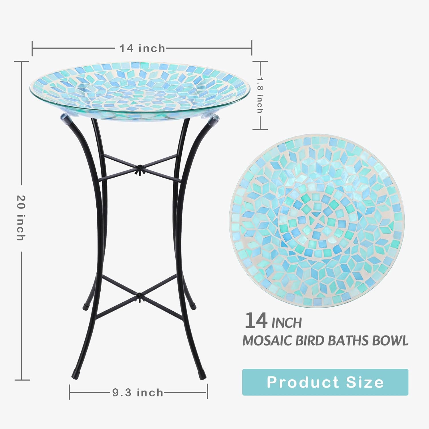 VCUTEKA Mosaic Bird Bath, Glass Birdbath Detachable with Metal Standing for Outdoor Patio Garden Backyard Décor