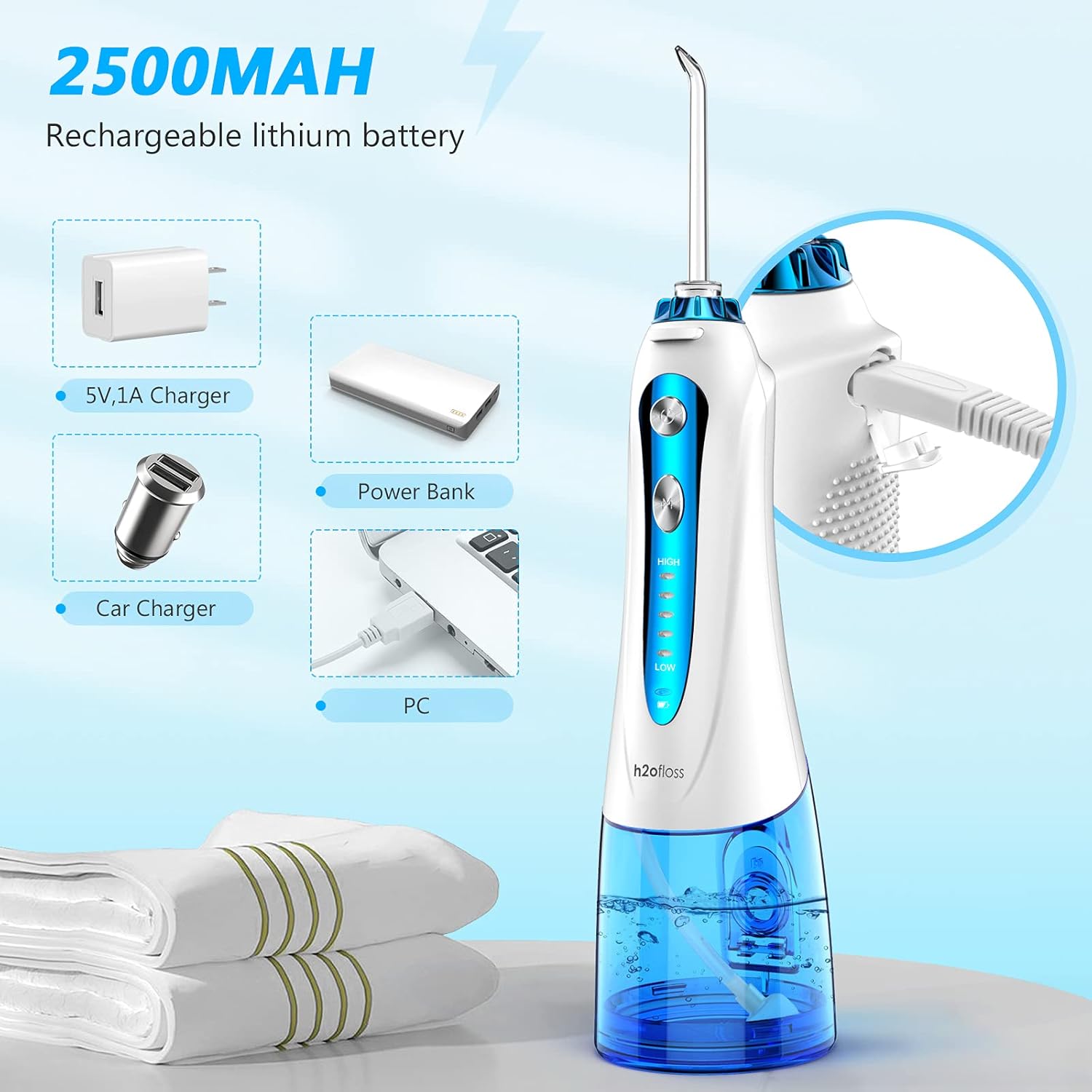 H2ofloss Cordless Water Dental Flosser, Rechargeable IPX7Waterproof Portable Oral Irrigator for Home Travel，5 Modes and 6 Jet Tips for Family, Braces & Bridges Care[2021 Newest] : Beauty & Personal Care
