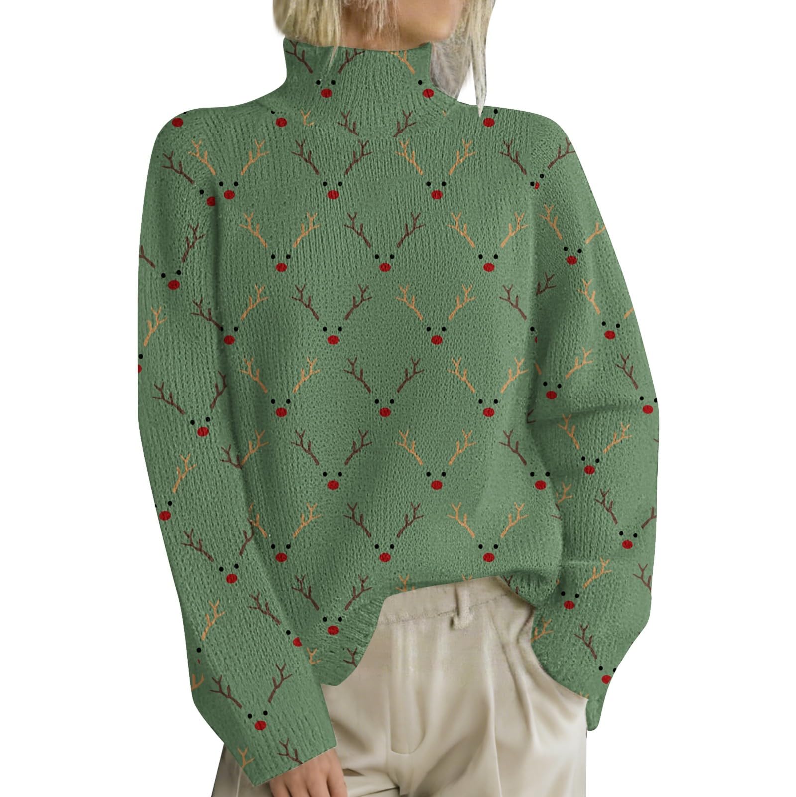 Heevina Christmas Sweater Women Reindeer Deer Elk Plaid Knitted Knit Turtleneck High Neck Winter Pullover 2025 Xmas