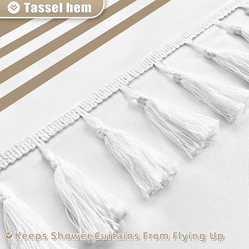 Miniatura 4 de Seasonwood Cortina de ducha beige y blanca con borlas, 72 x 72 pulgadas, cortinas de ducha neutras para baño, cortina de ducha moderna a rayas