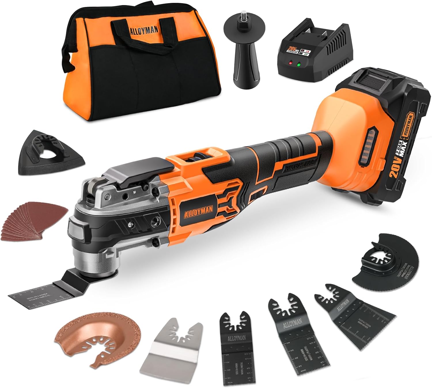 Alloyman 20V Cordless Brushless Oscillating Tool, 19000OPM, 3° Oscillating Angle MultiTool, 6 Variable Speed, Quick Change, LED, 2000mAh Battery, 24 Pcs Multitool Saw for Cutting/Grinding/Sanding