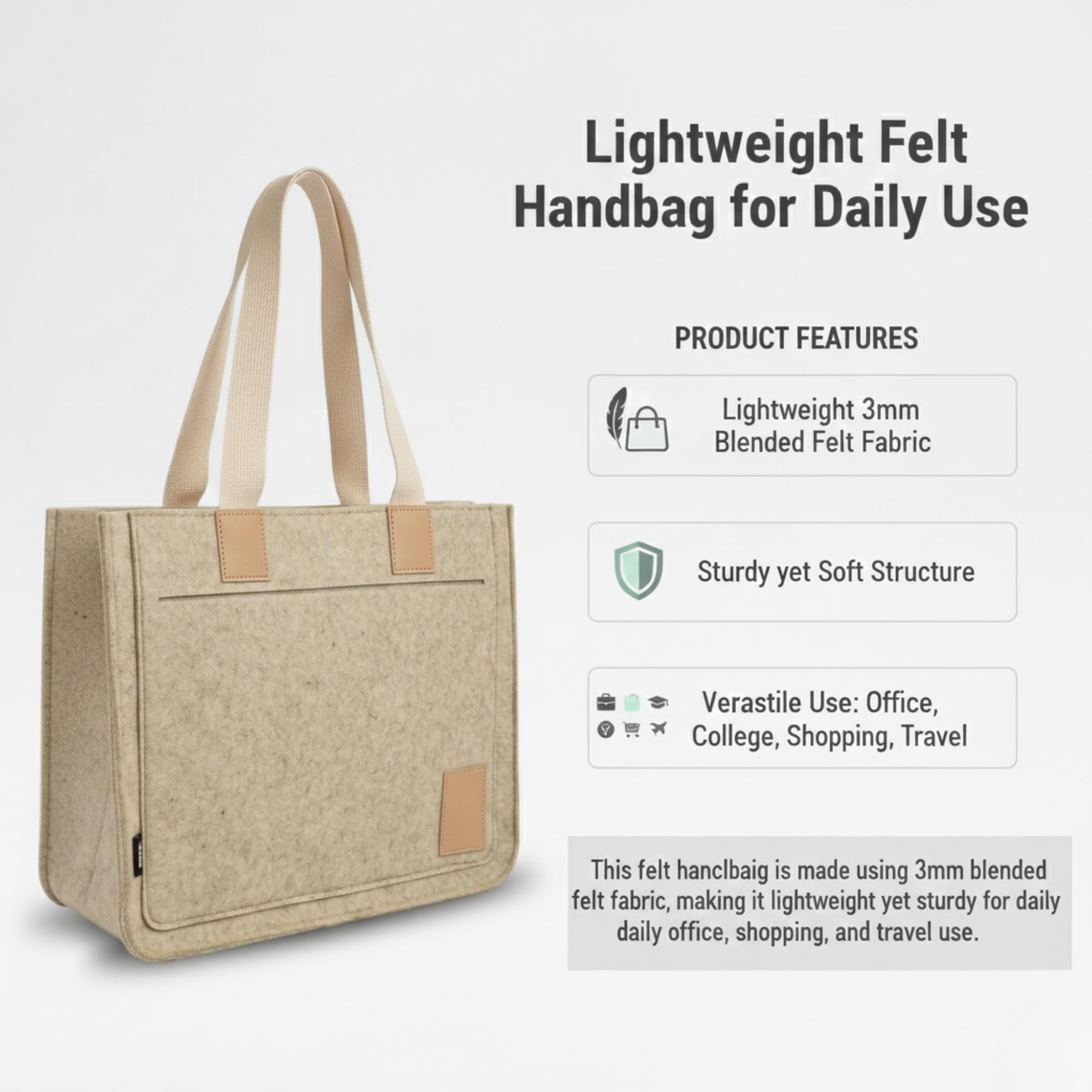 LASER ART Premium Felt Handbag for Women, Large Tote Bag with Inner Bottle Pocket, Eco-Friendly Felt Shoulder Bag (35×12×30cm) 3