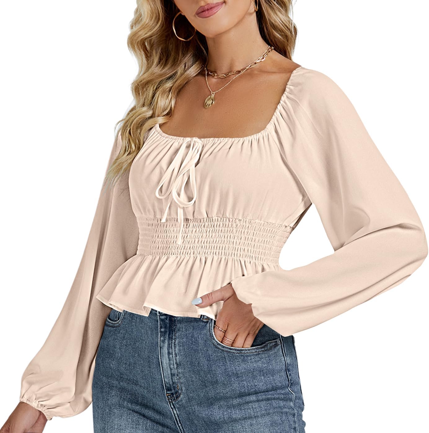 Rooscier Women's Square Neck Lantern Long Sleeve Shirred Waist Ruffle Peplum Crop Top Blouse