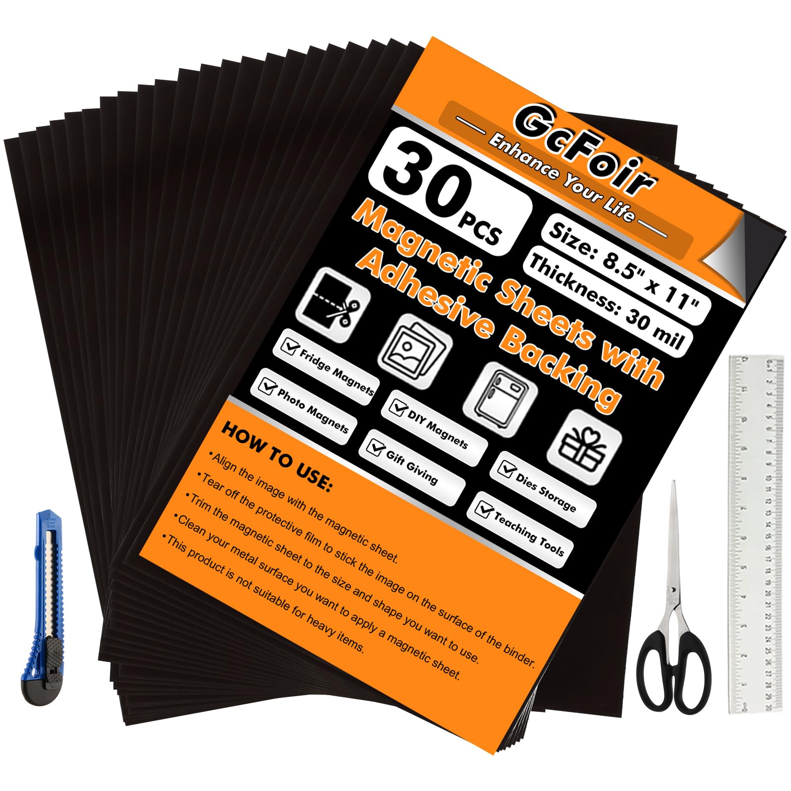Gcfoir Magnetic Sheets with Adhesive Backing 8.5 x 11 Inch, 30 Packs 30 Mil Flexible Magnet Sheets, Adhesive Magnetic Sheets for Dies Storage, Photos,
