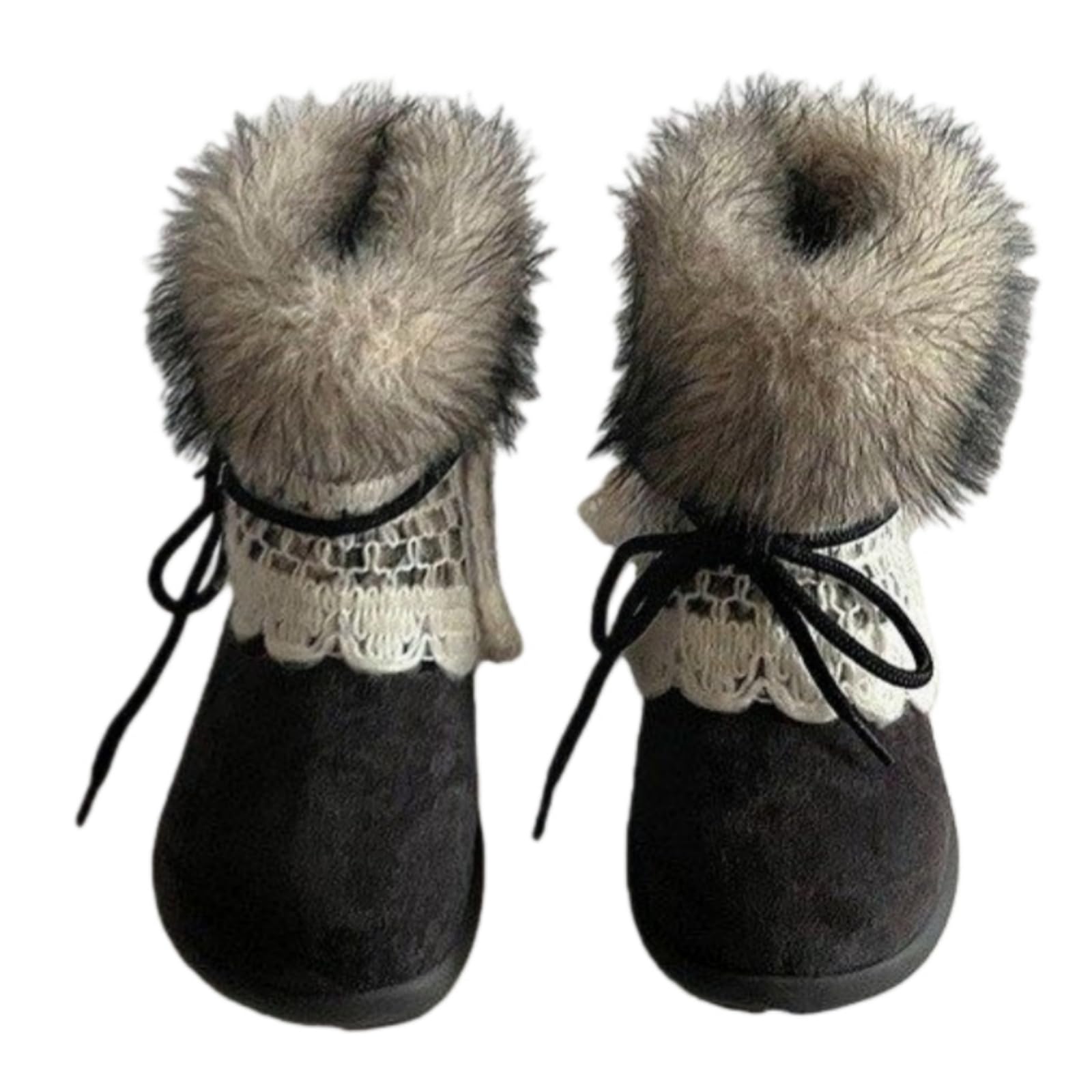 Women Winter Furry Comfort Snow Boot - Boho Lace Thermal Warm Non Slip Shoes - Y2K Faux Suede