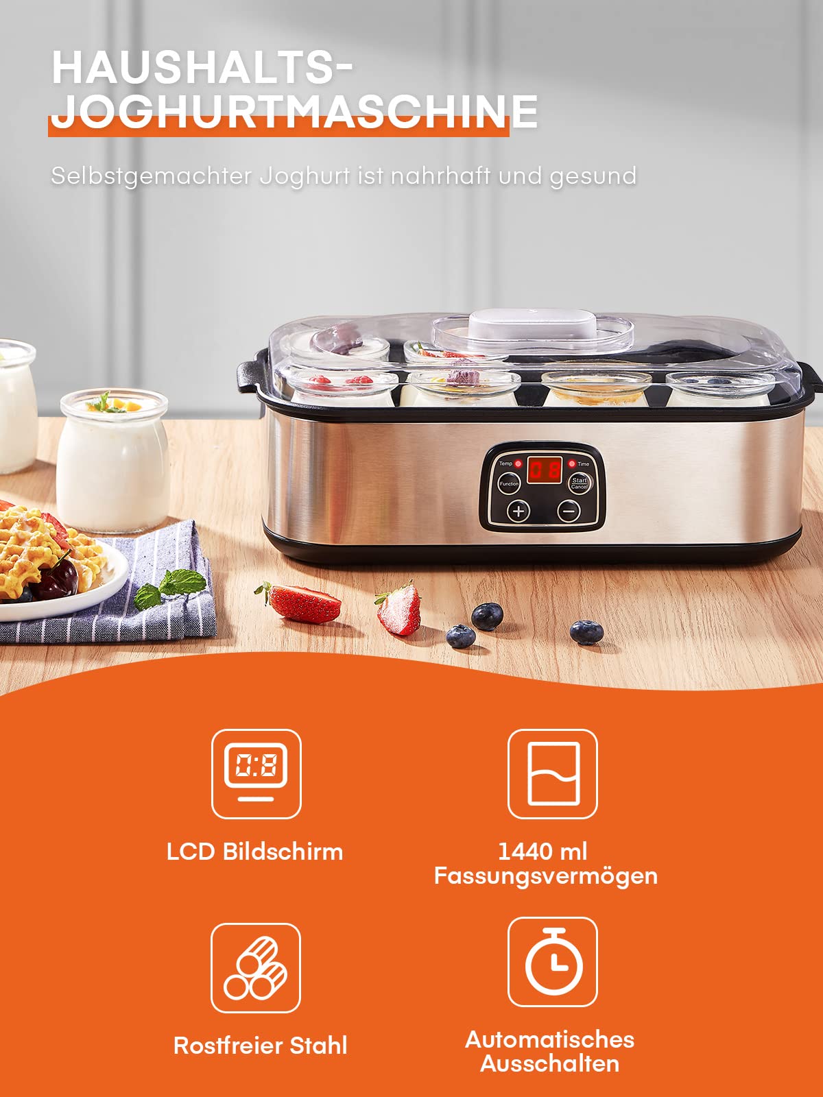 Joghurtbereiter, Griechische Joghurtmaschine mit 8 Gläsern/Deckeln, One-Touch-Display: Perfekt für organische, gesüßte, aromatisierte, einfache oder zuckerfreie Optionen für Babys, Kinder und Parfaits