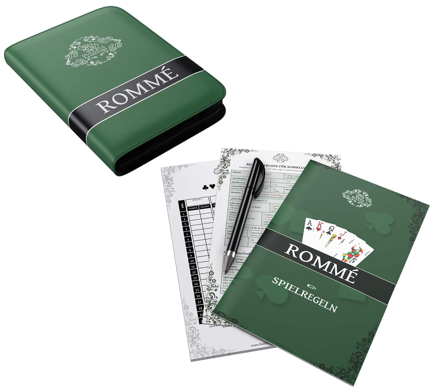 Bullets Playing Cards Set Rummy – Estuche De Piel Sintética Con 2 Barajas De Plástico Impermeables, 15 Variantes De Rummy, Lápiz Y Bloc