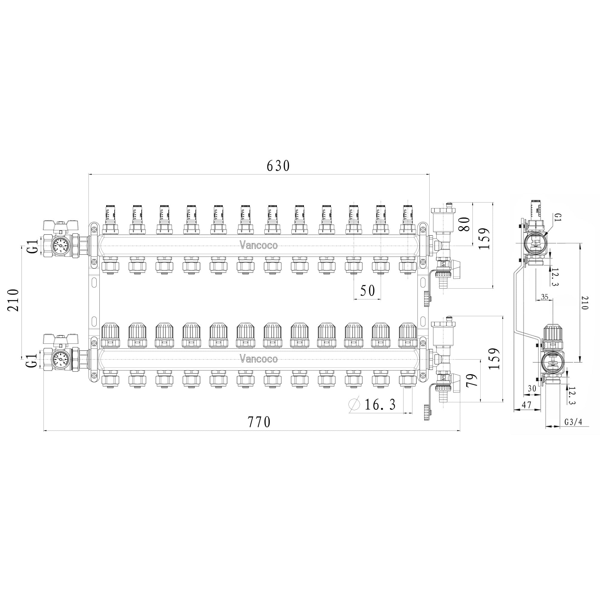 VANCOCO Colector de Suelo Radiante 12 Circuitos, con Cono Europeo 16 × 2 mm, Grifos Bola 1" Compactos, Caudal 5 L/Min, Kit de Purga Rápida