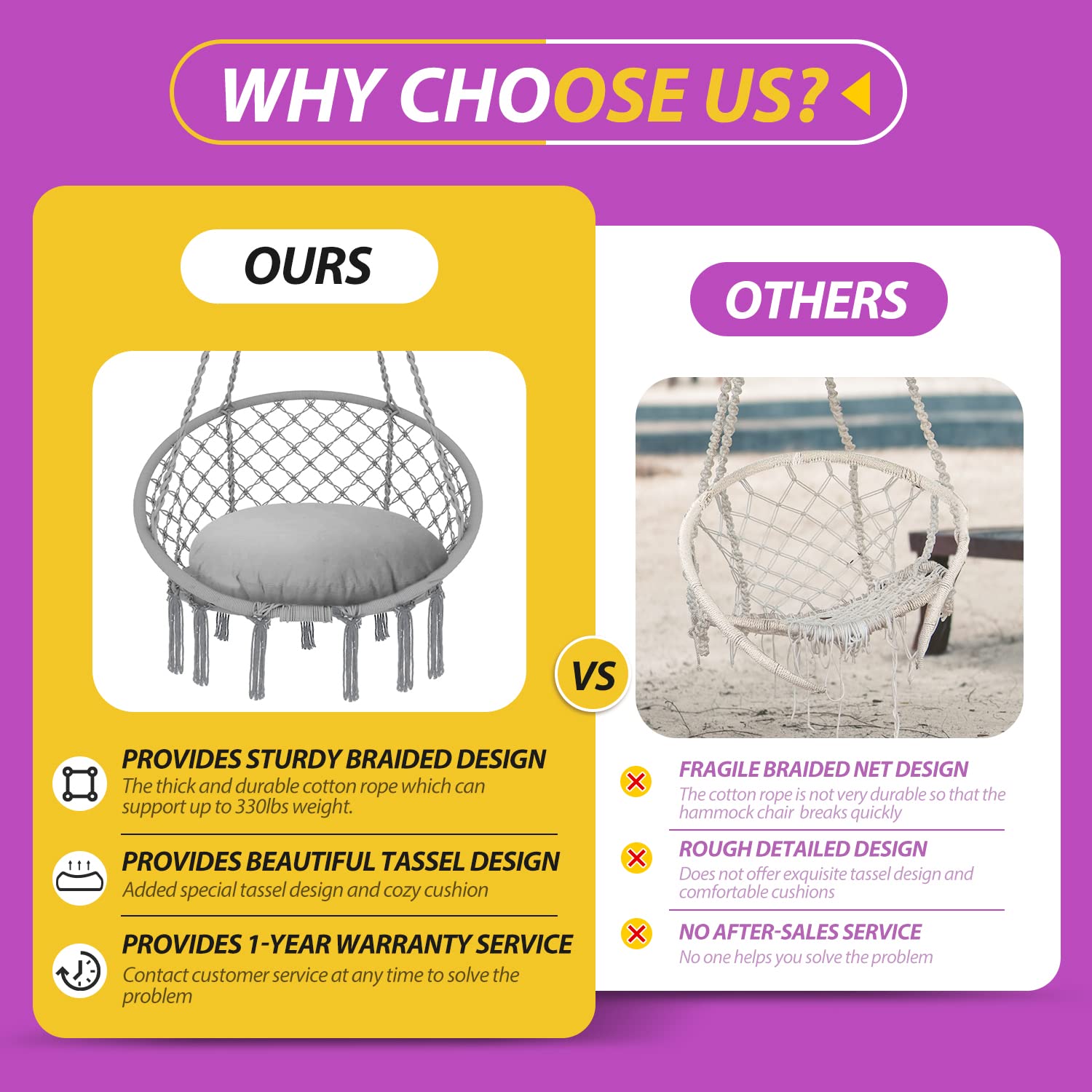 Patio Watcher Hammock Chair Hanging Macrame Swing with Cushion and