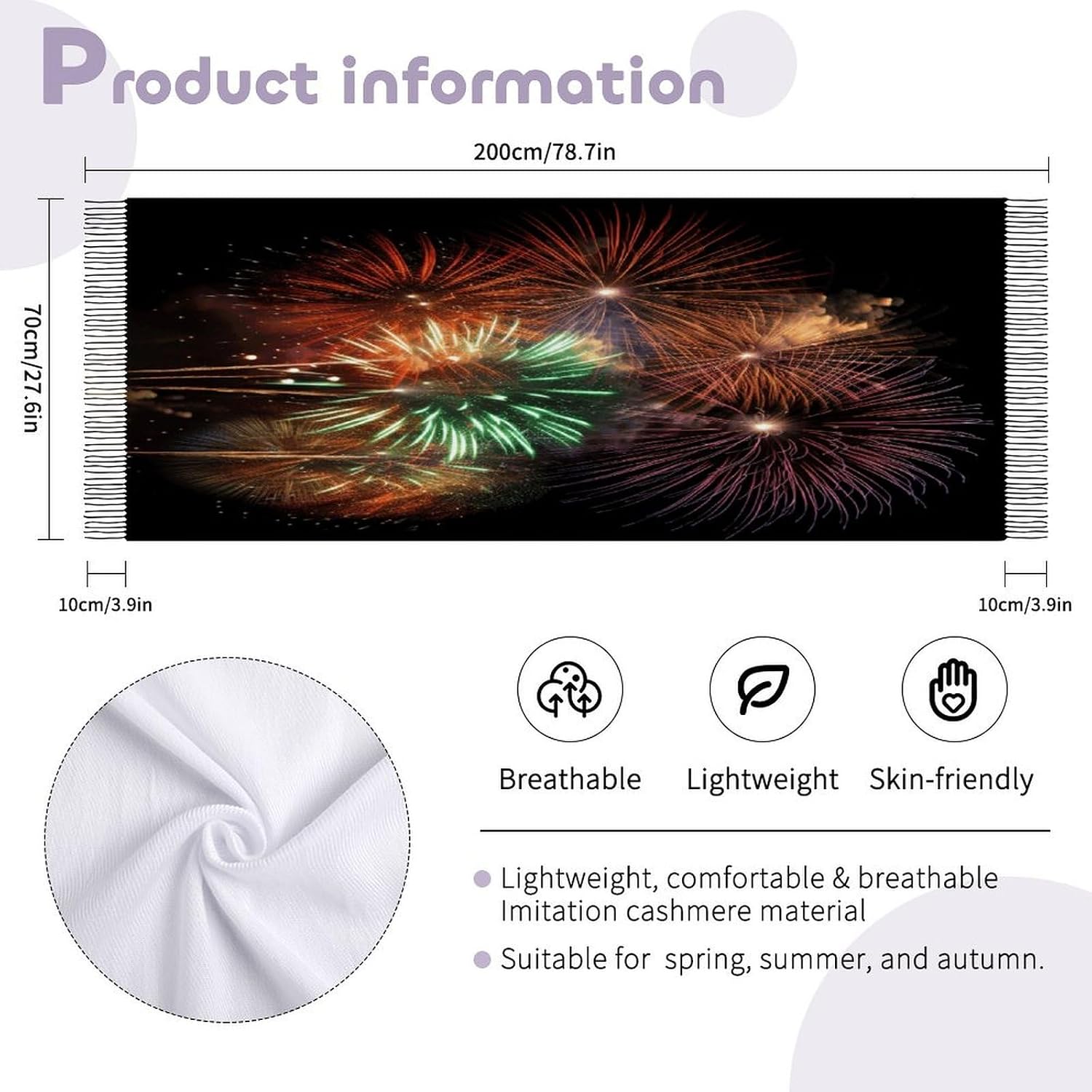 Splendid Fireworks Scarf for Women Men Soft Warm Fashion Blanket Scarves Classic Cashmere Feel Scarf Long Shawl Large Scarves Cold Weather Thick Blanket Scarfs