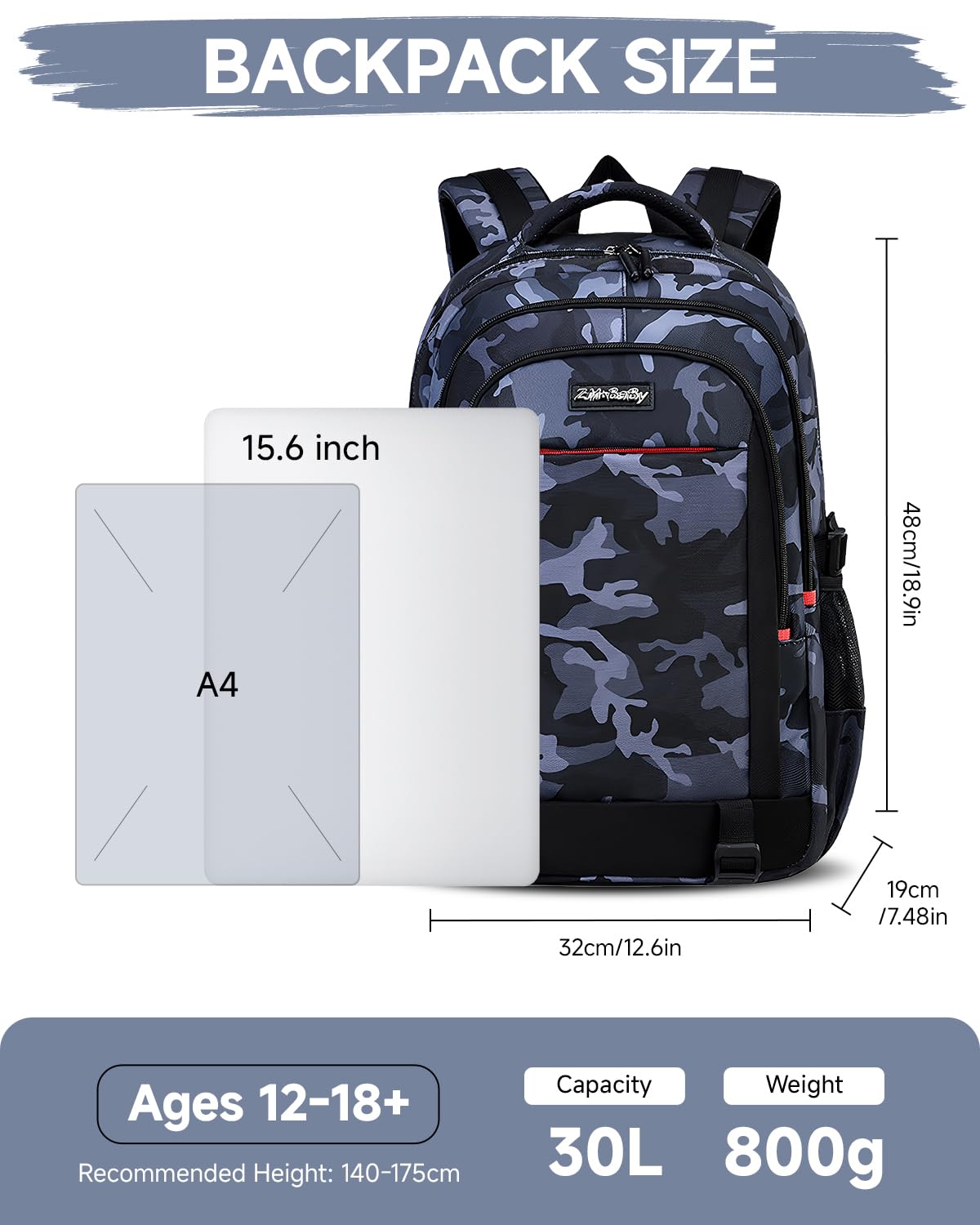 Amythe Mochila Escolar para Chicos Adolescentes, Mochila Hombre Ergonómica de Camuflaje, Mochila Informal de Gran 30L, Impermeable, para el colegio, los viajes y la universidad