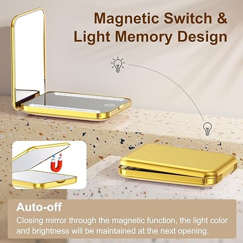 Miniatura 5 de Benbilry Mini espejo compacto de maquillaje de viaje con luz, espejo de bolsillo recargable con 3 colores LED regulables y aumento 1X3X, memoria de