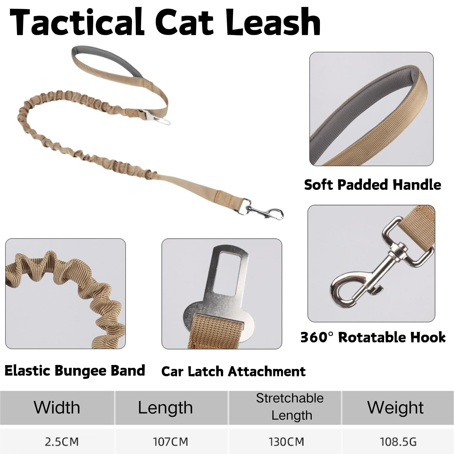 Tactical Cat Harness and Leash Set for Walking Escape Proof Adjustable Large Cat Vest Harness with Patches Soft Mesh Padding Rubber Handle Easy to Control (Khaki Harness & Leash) - Image 4