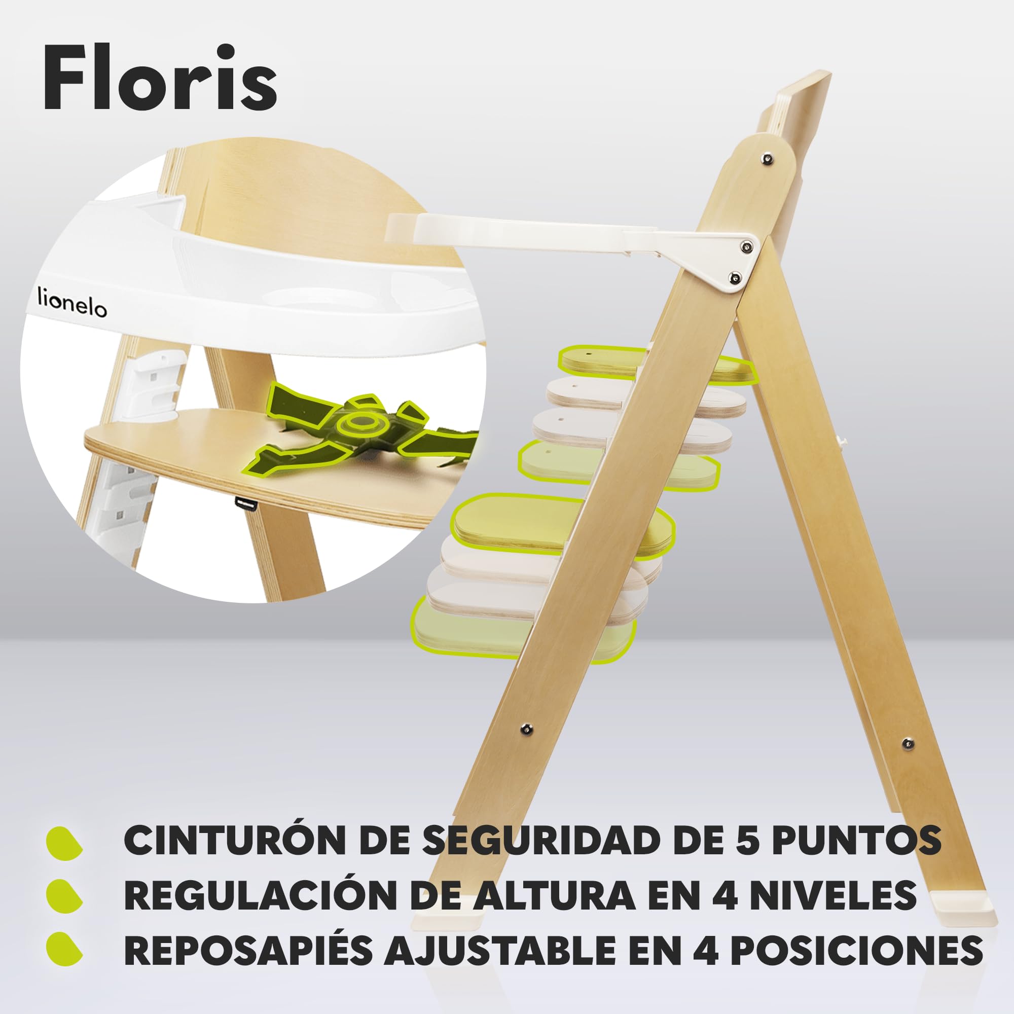 LIONELO Floris trona de madera para bebé 3 en 1, trona de bebe, silla alta regulable, de 6 a 36 meses/hasta 12 años, cinturones de seguridad de 5 puntos, hasta 15 kg / 40 kg (Natural) | De Madera para Bebé 3-en-1, Silla Alta Regulable, de 6 a 36 meses/has