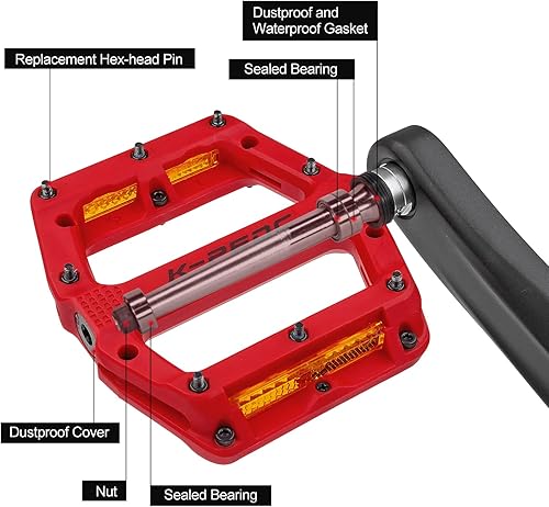 Miniatura 7 de Pedales de bicicleta de montaña con reflectores, pedales de carreteraMTB, pedales de plataforma de fibra de nailon ligero de 916 pulgadas para BMX