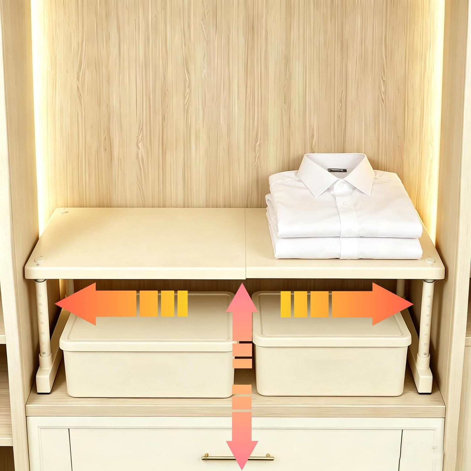 Adjustable Closet Shelf Organizer, Expandable Storage Rack for Wardrobe, Beige, Height Adjustable Legs (2Pcs)