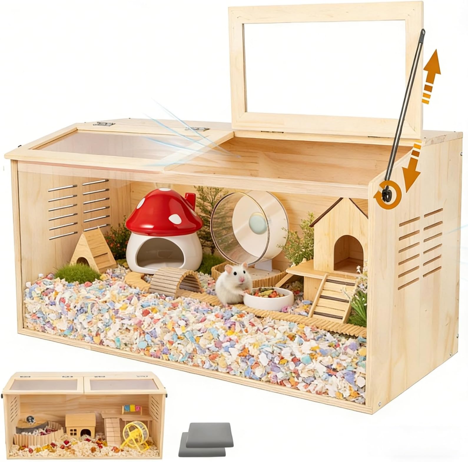 Wooden Hamster Cage,32" Lx16 Wx16 H,2 Washable Liner, Animal Cabinet for Dwarf Syrian Hamsters Degus, Hamster Habitat with Openable Top and Large Acrylic Sheets, Natural Wooden Hamster Habitat