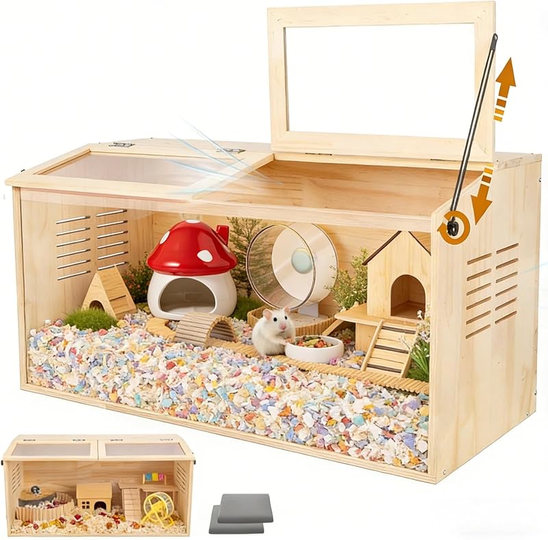 Jaula de madera para hámster, 32 pulgadas de largo x 16 de ancho x 16 de alto, 2 forros lavables, gabinete para animales para hámsteres sirios enanos Degus, hábitat de hámster con parte superior que se puede abrir y hojas acrílicas grandes, hábitat de hámster de madera natural