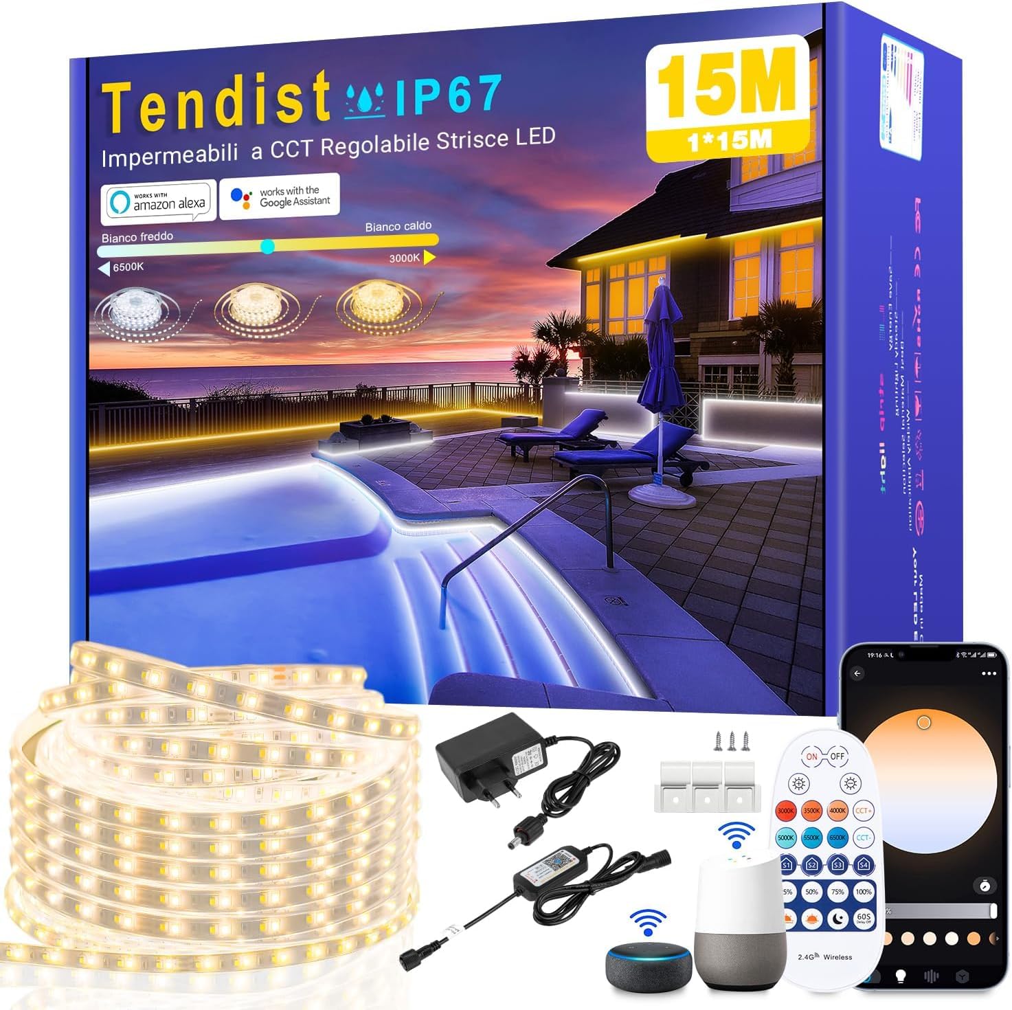 15M Striscia LED Esterno Bianco Freddo a Bianco Caldo Dimmerabile | Luci LED Compatibile con Alexa, Luce LED Senza Filo Smart, 24v Impermeabile Striscia Adesive per Cucina, Giardino