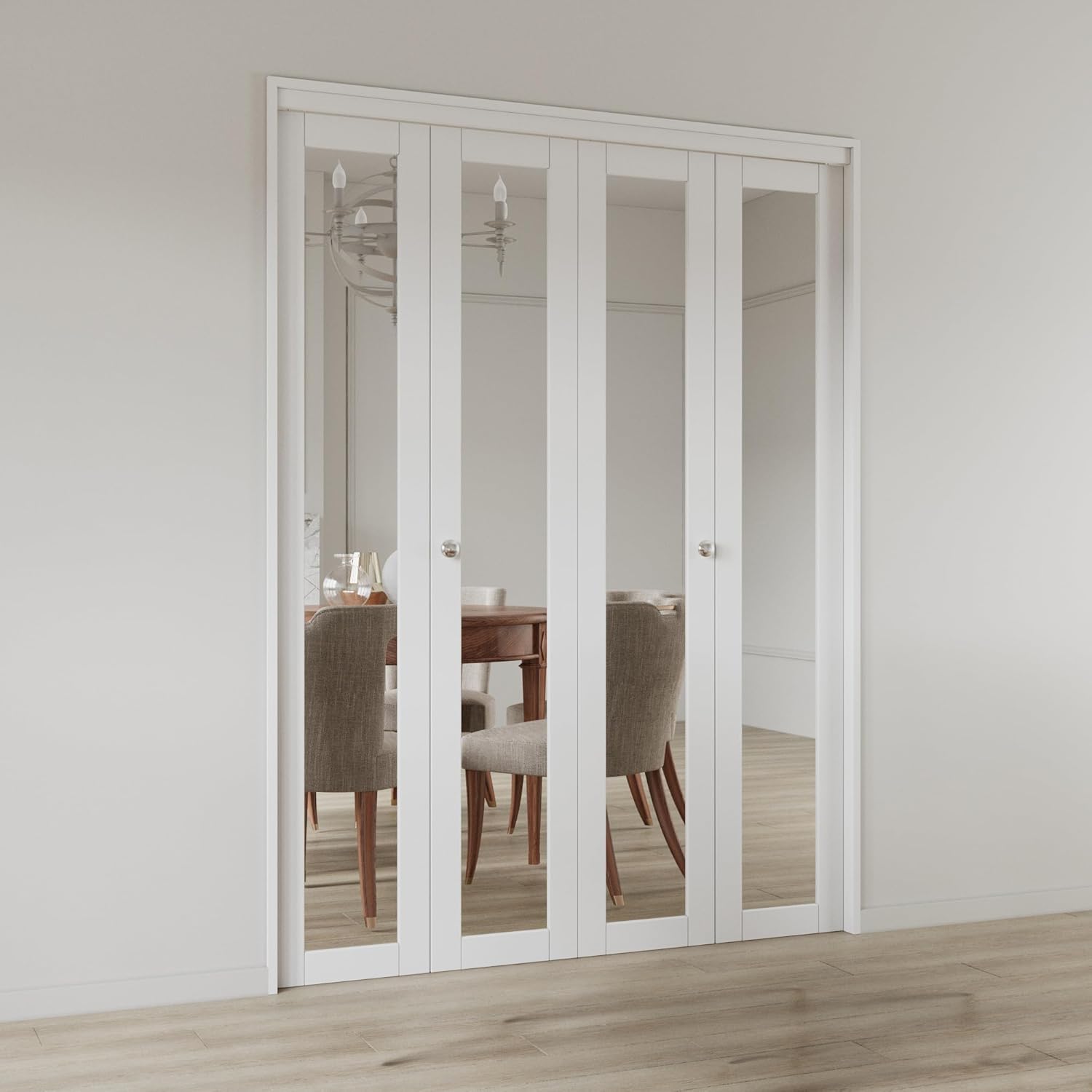 Bifold Doors, 48" x 80" Mirrored Door with Knob & Hardware Kit (Double 24''), Interior Folding Pantry/Closet Door, Wood Texture Panels with One Side HD Thicken Mirror, Easy Install