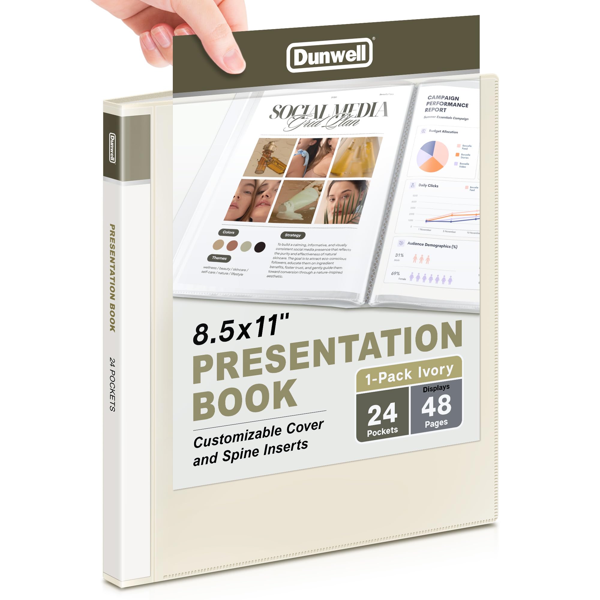 Dunwell Presentation Binder 24-Pocket, Displays 48 Pages, 8.5x11 Portfolio Binder with Plastic Sleeves, Storage and Organizer for Documents, Certificates, Projects, Photos (Ivory)