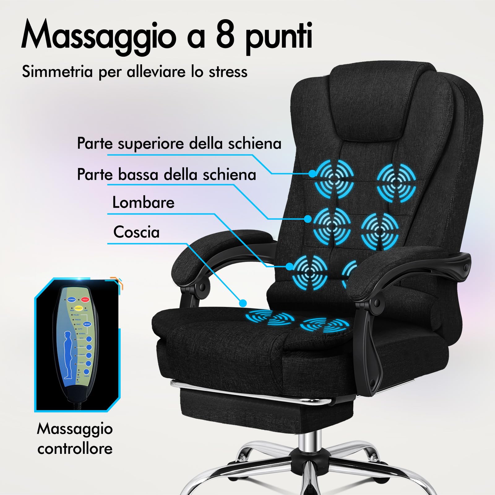 ALFORDSON Sedia Scrivania con Massaggio, Sedia Ufficio Ergonomica con Sedile riscaldato, Supporto Lombare e Poggiapiedi, Poltrona Girevole per Ufficio e Studio Sala Riunioni, Tessuto(Nera)