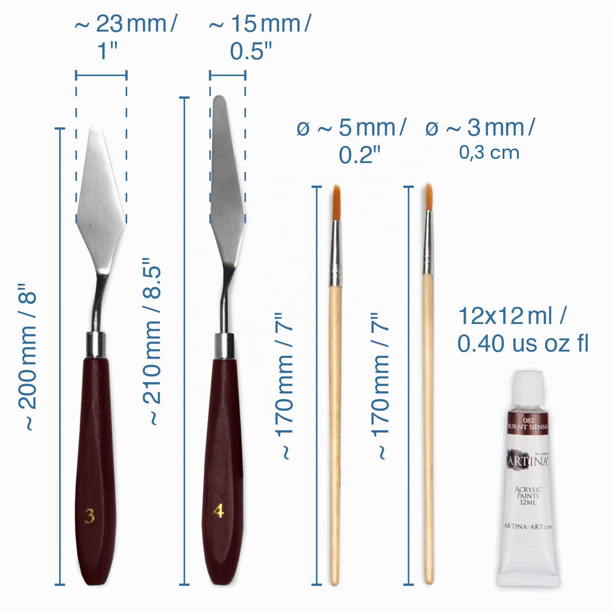 Artina Milano - Kit de pintura - Lote con caja de madera, 19 unidades – Estuche con maletín de caballete, lienzo, 12 x 12 ml, colores acrílicos, pincel